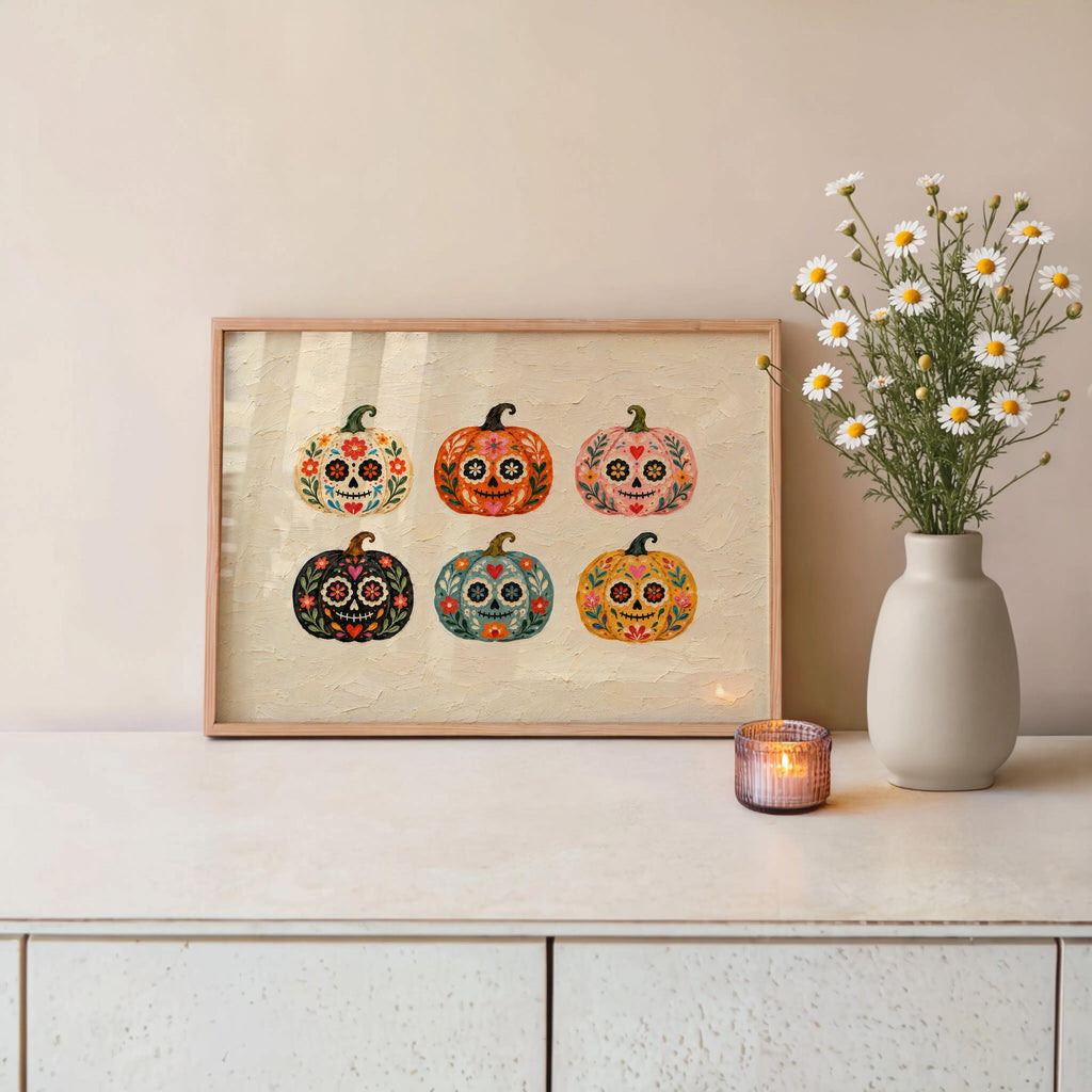 Sugar Skull Pumpkin Wall Art, Mexico Dia de los Muertos Folk Print, Colorful Calavera Halloween Autumn Decor, Mexican Culture Poster