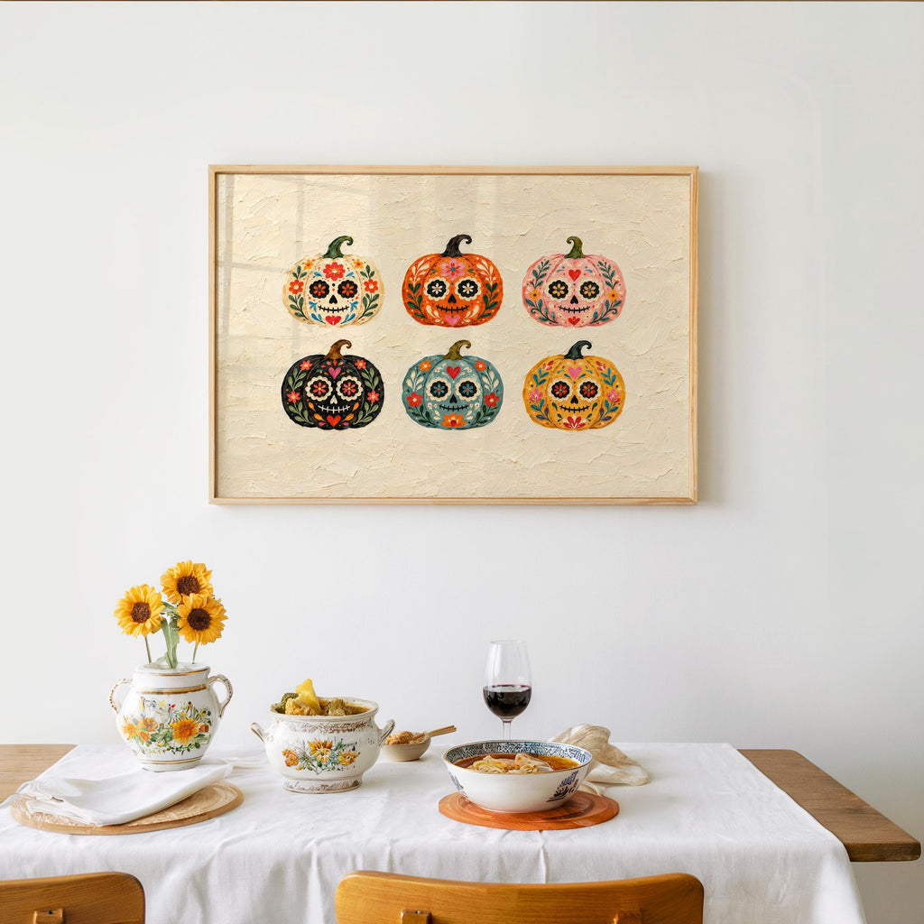 Sugar Skull Pumpkin Wall Art, Mexico Dia de los Muertos Folk Print, Colorful Calavera Halloween Autumn Decor, Mexican Culture Poster