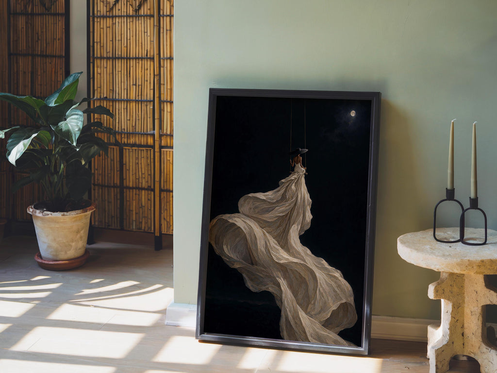 Black Woman Couture Wall Art, Afrocentric Moonlight Swing Print, African American Fashion Poster, Elegant Glam Decor