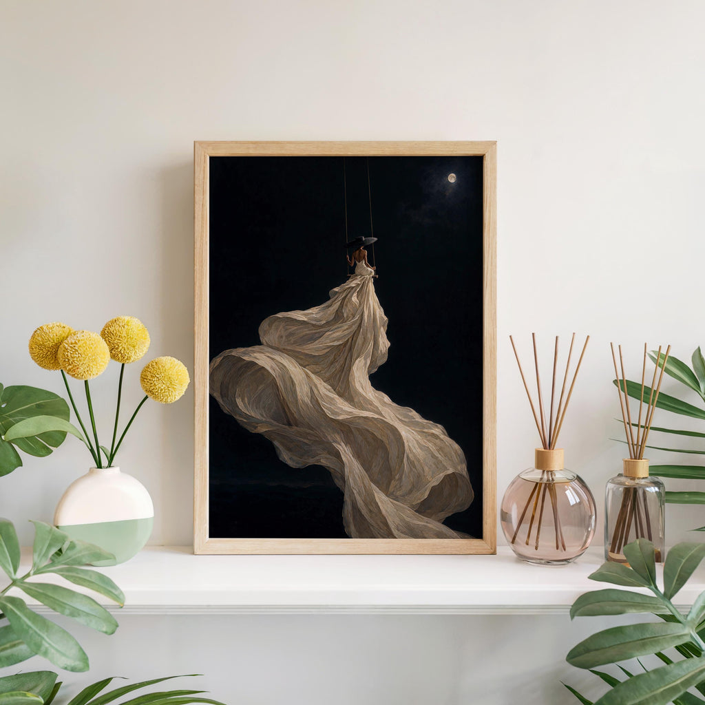 Black Woman Couture Wall Art, Afrocentric Moonlight Swing Print, African American Fashion Poster, Elegant Glam Decor