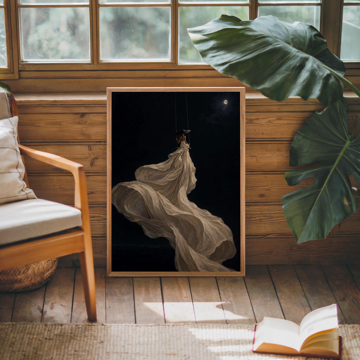 Black Woman Couture Wall Art, Afrocentric Moonlight Swing Print, African American Fashion Poster, Elegant Glam Decor