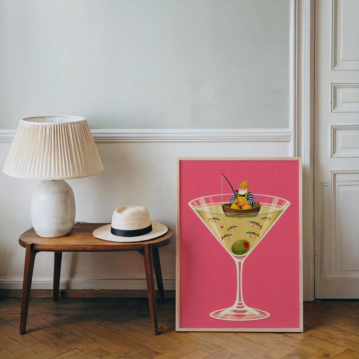 Fisherman in Martini Glass Print, Funny Trout Fish Wall Art, Lake House Poster, Quirky Coastal Decor, Cocktail Lover Gift