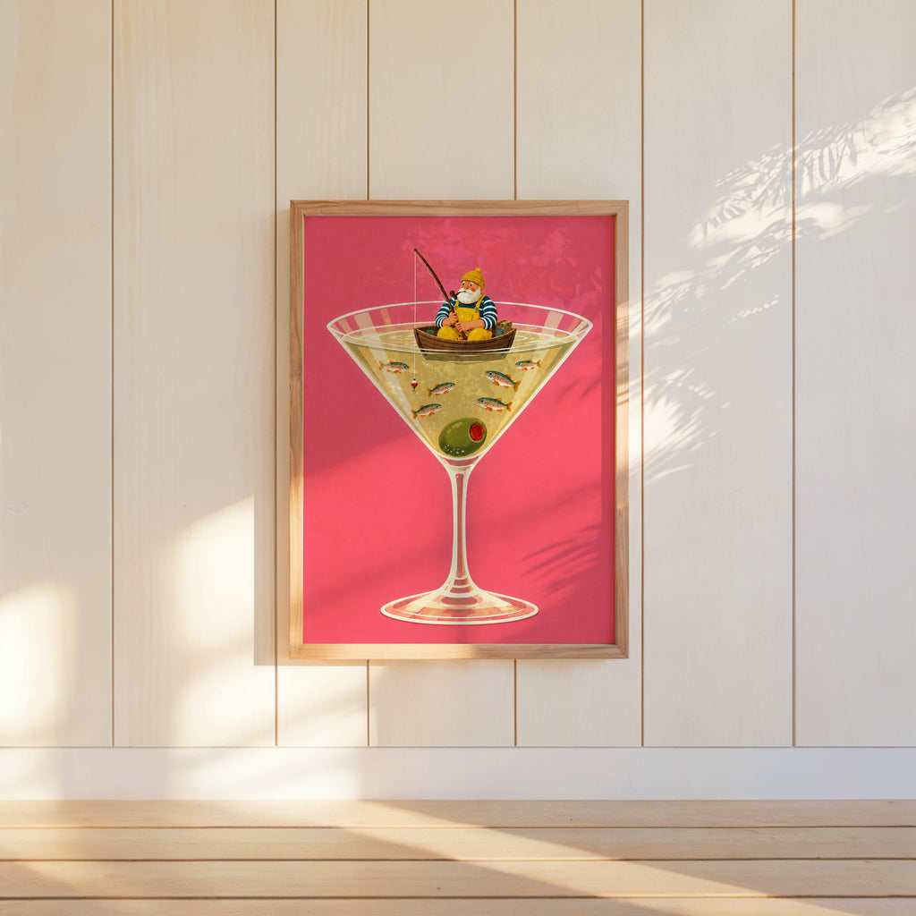 Fisherman in Martini Glass Print, Funny Trout Fish Wall Art, Lake House Poster, Quirky Coastal Decor, Cocktail Lover Gift