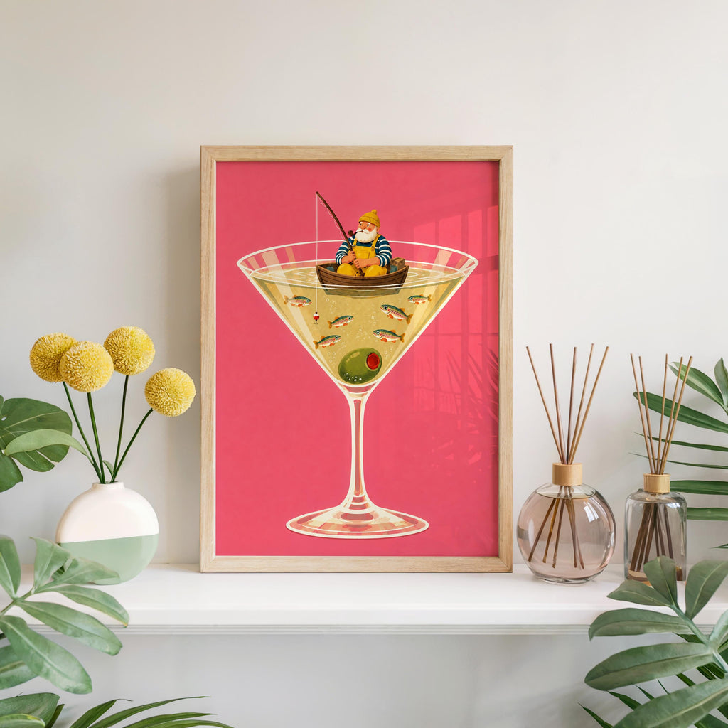 Fisherman in Martini Glass Print, Funny Trout Fish Wall Art, Lake House Poster, Quirky Coastal Decor, Cocktail Lover Gift