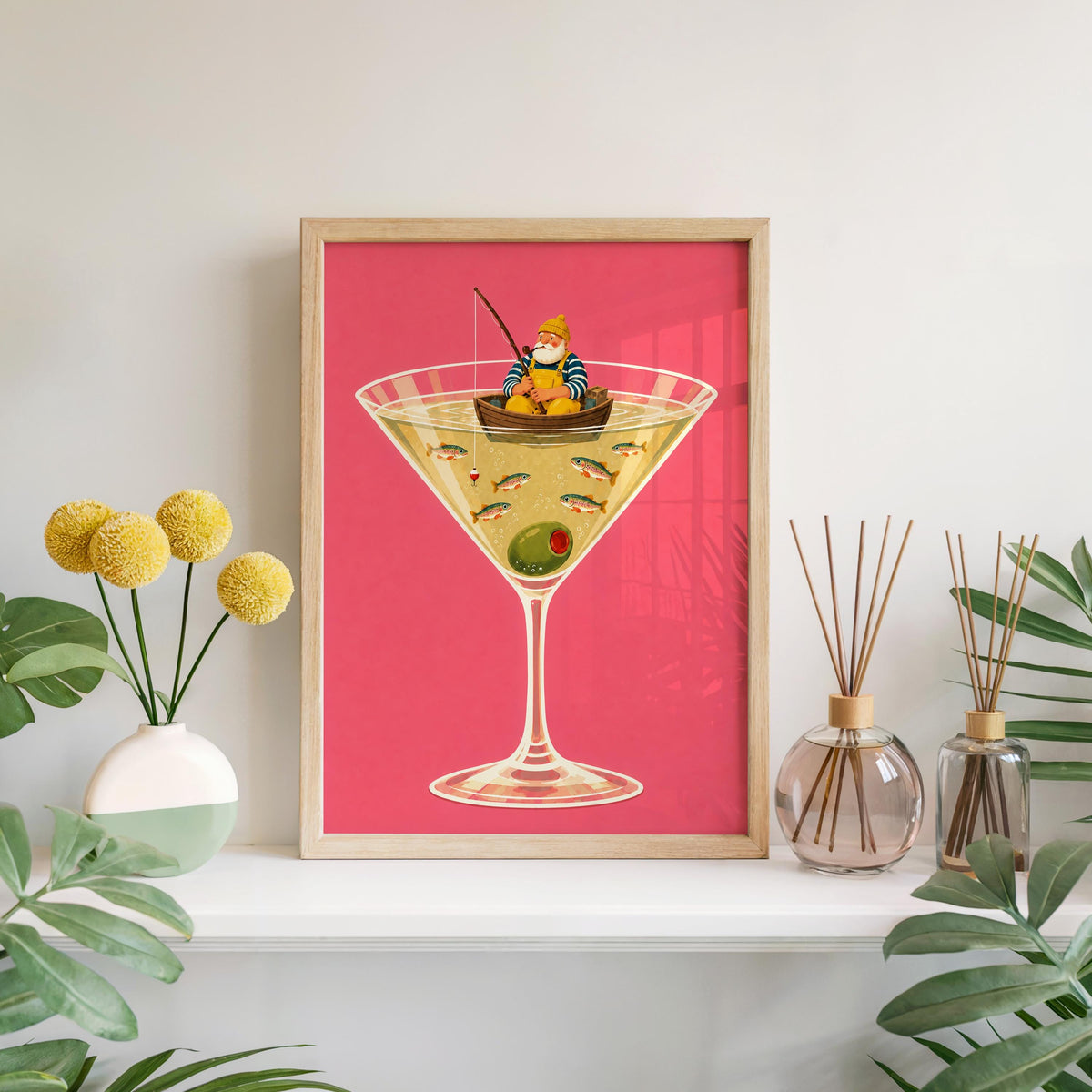 Fisherman in Martini Glass Print, Funny Trout Fish Wall Art, Lake House Poster, Quirky Coastal Decor, Cocktail Lover Gift