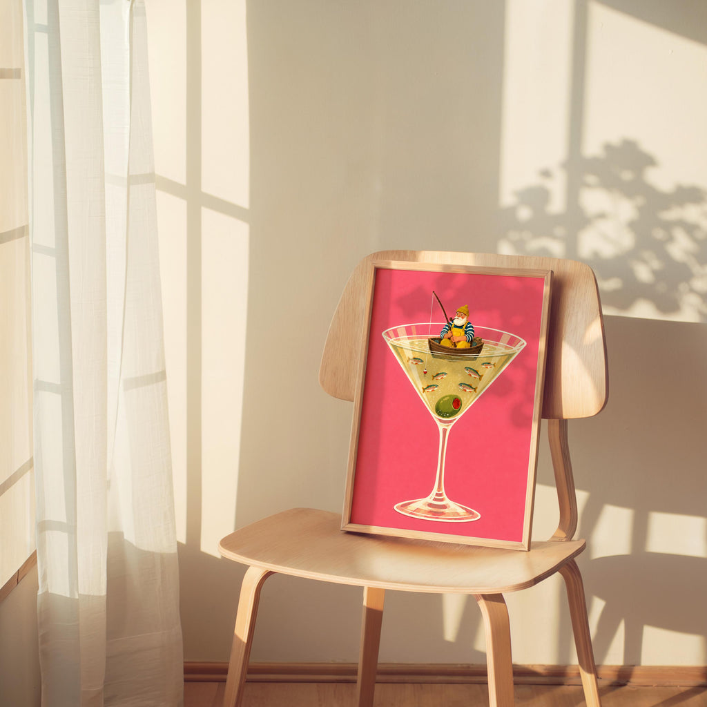 Fisherman in Martini Glass Print, Funny Trout Fish Wall Art, Lake House Poster, Quirky Coastal Decor, Cocktail Lover Gift