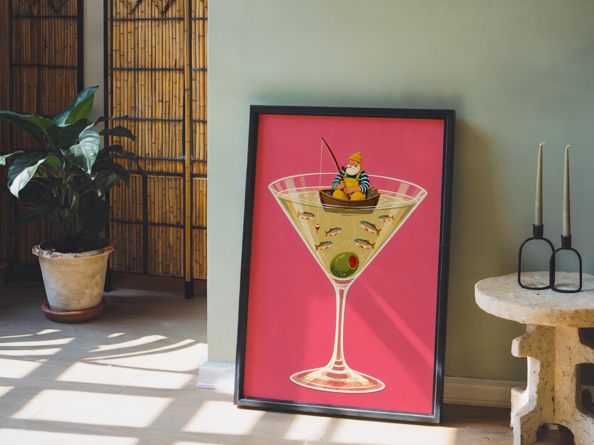 Fisherman in Martini Glass Print, Funny Trout Fish Wall Art, Lake House Poster, Quirky Coastal Decor, Cocktail Lover Gift