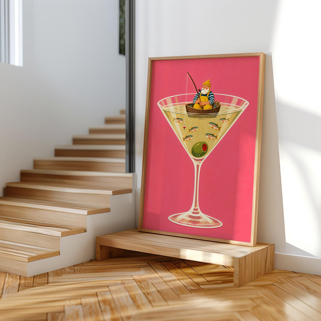Fisherman in Martini Glass Print, Funny Trout Fish Wall Art, Lake House Poster, Quirky Coastal Decor, Cocktail Lover Gift