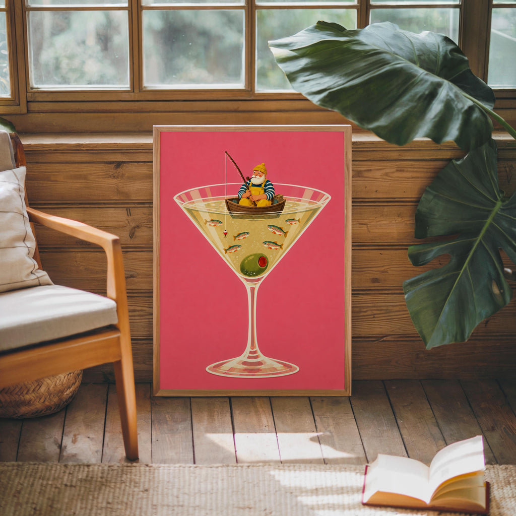 Fisherman in Martini Glass Print, Funny Trout Fish Wall Art, Lake House Poster, Quirky Coastal Decor, Cocktail Lover Gift