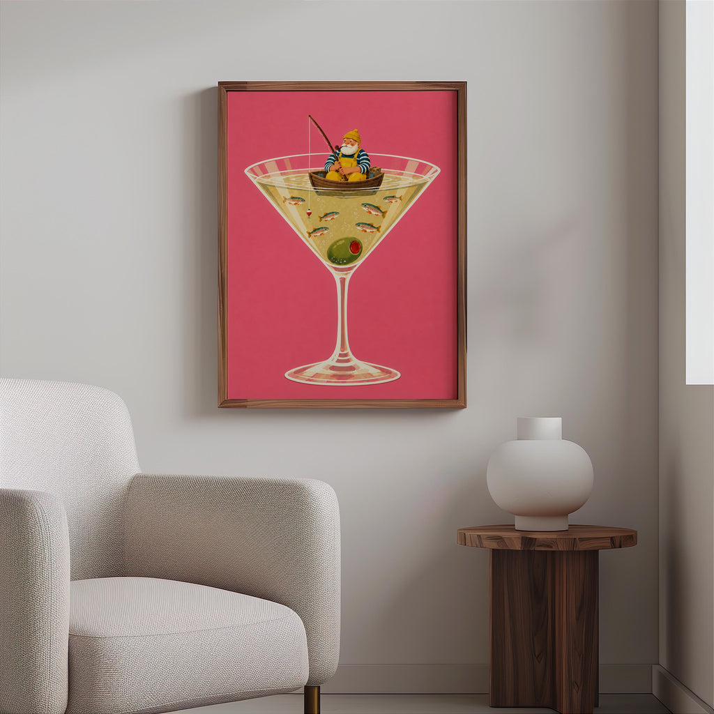 Fisherman in Martini Glass Print, Funny Trout Fish Wall Art, Lake House Poster, Quirky Coastal Decor, Cocktail Lover Gift