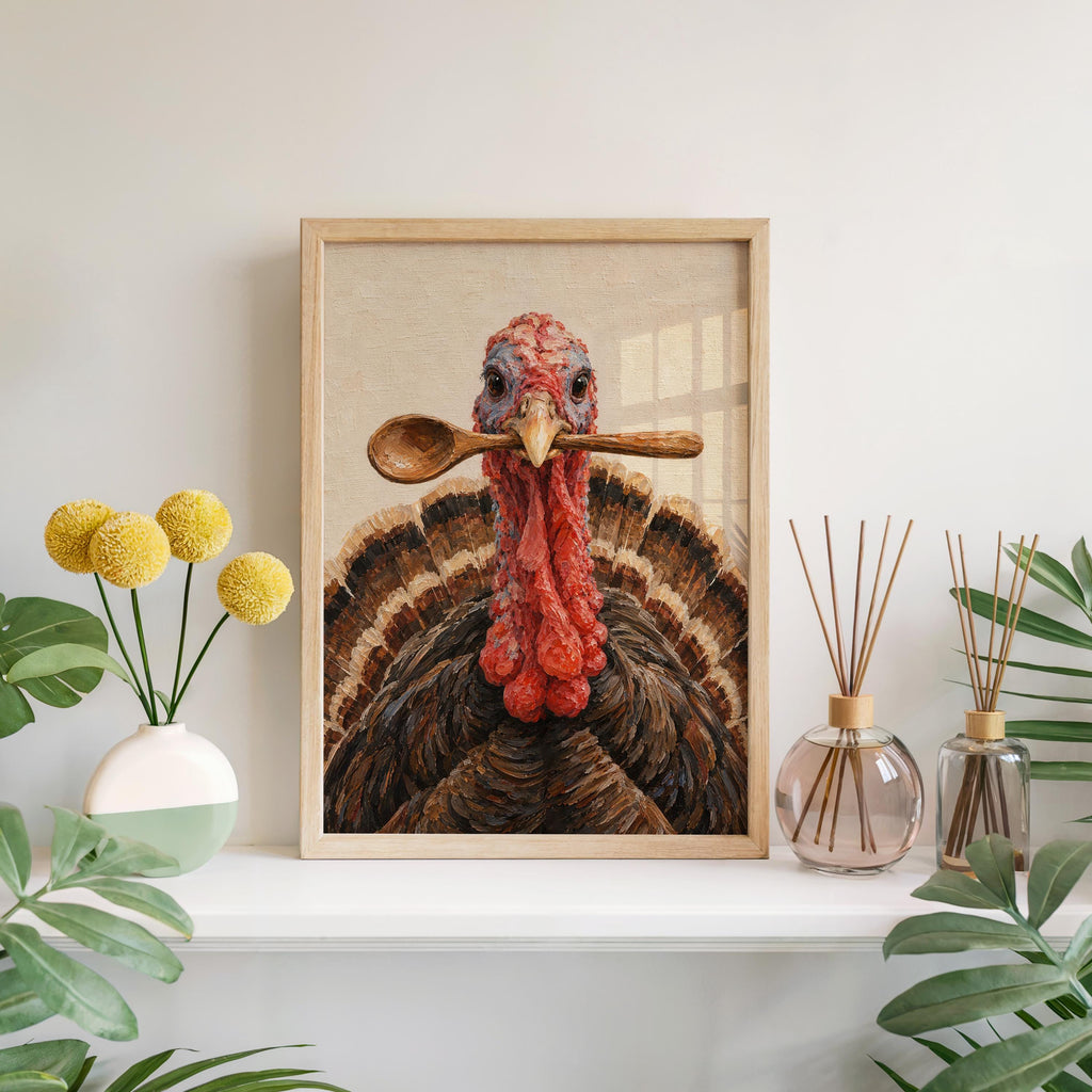 Funny Turkey Kitchen Wall Art, Wooden Spoon Bird Print, Thanksgiving Poster, Whimsical Farmhouse Decor