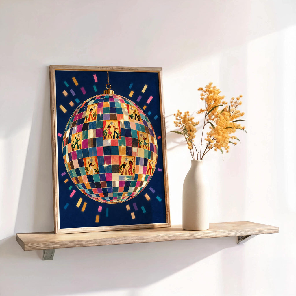 Retro Disco Ball Dancers Wall Art, 70s Dance Party Print, Funky Music Poster, Dopamine Decor, Groovy Dancing Lovers Illustration