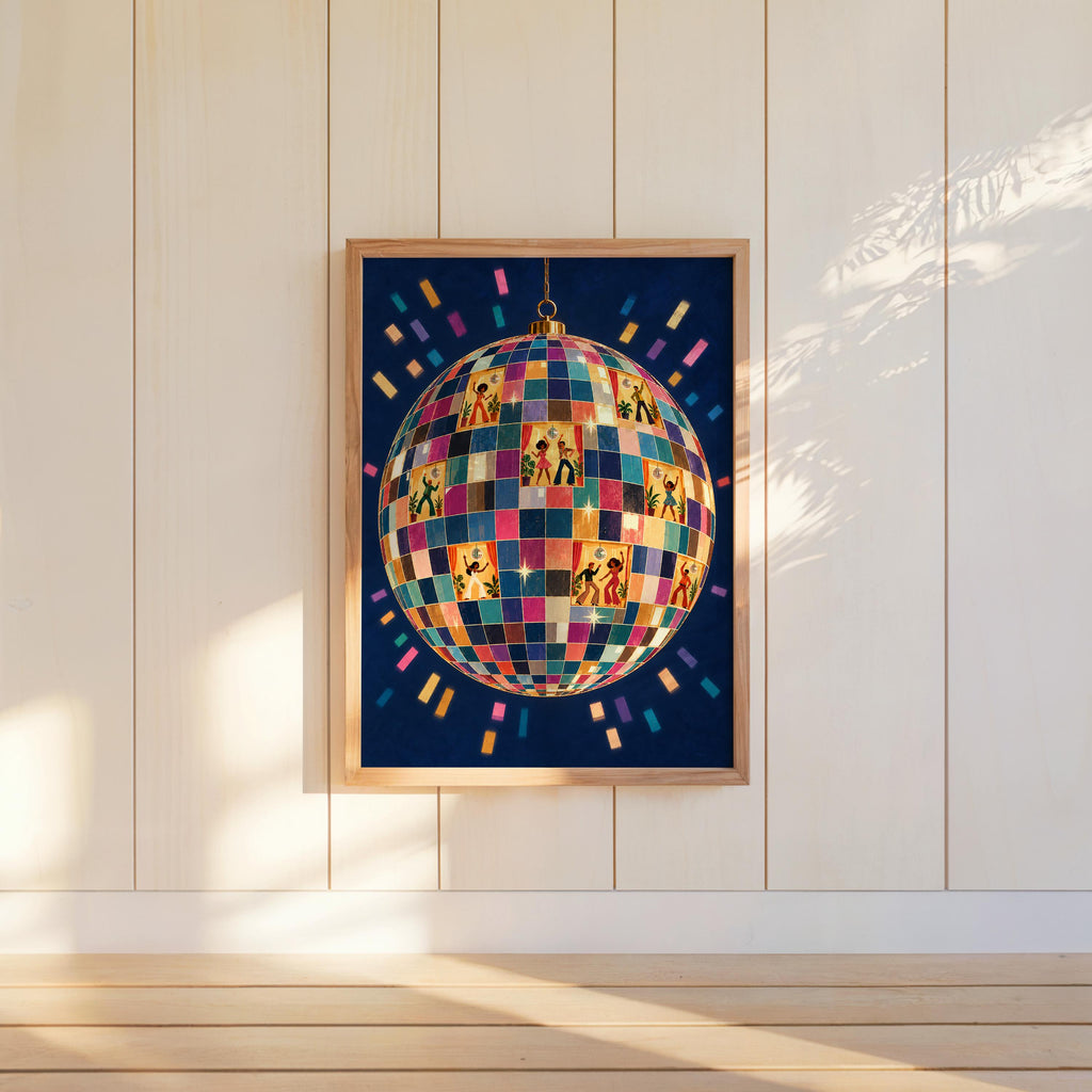 Retro Disco Ball Dancers Wall Art, 70s Dance Party Print, Funky Music Poster, Dopamine Decor, Groovy Dancing Lovers Illustration