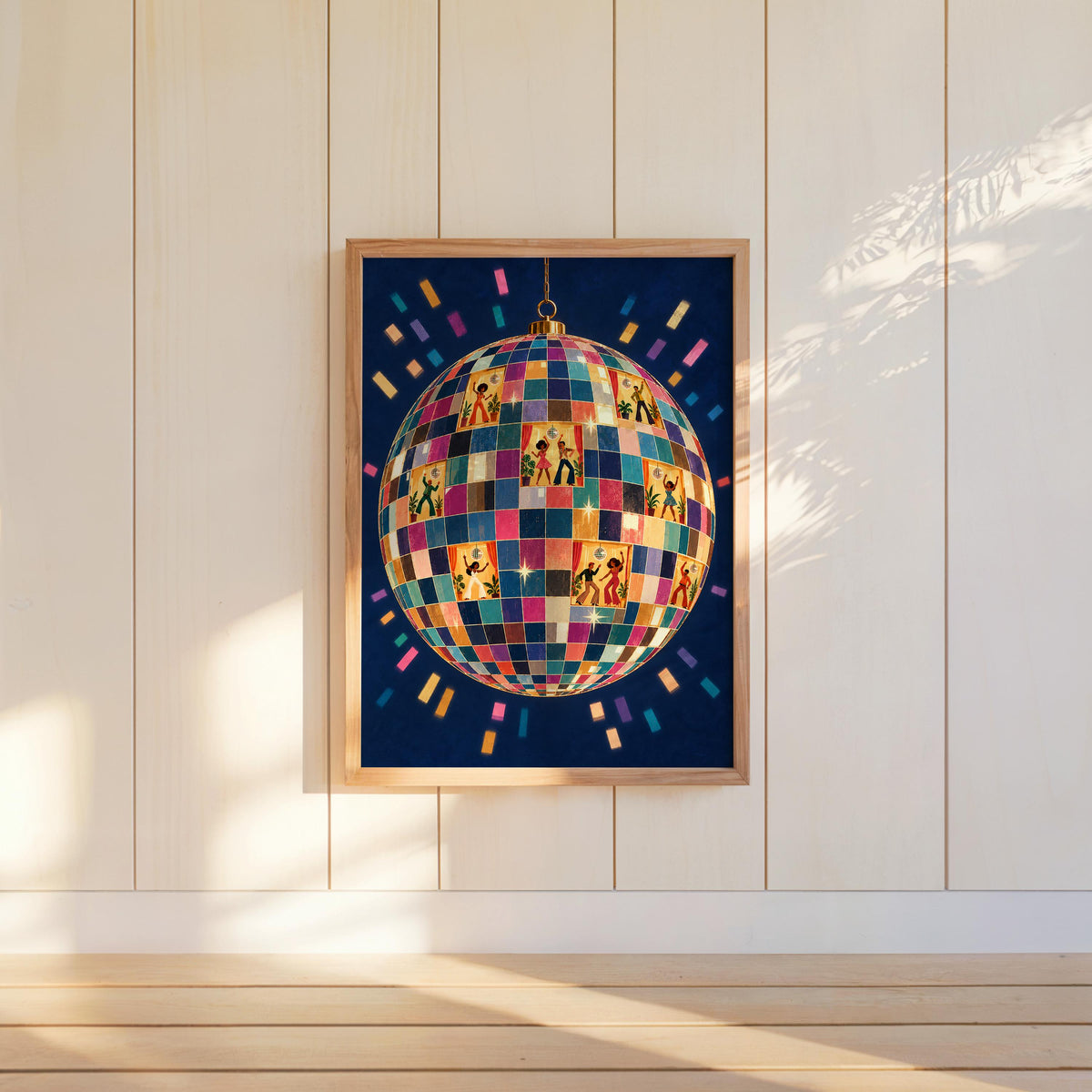 Retro Disco Ball Dancers Wall Art, 70s Dance Party Print, Funky Music Poster, Dopamine Decor, Groovy Dancing Lovers Illustration