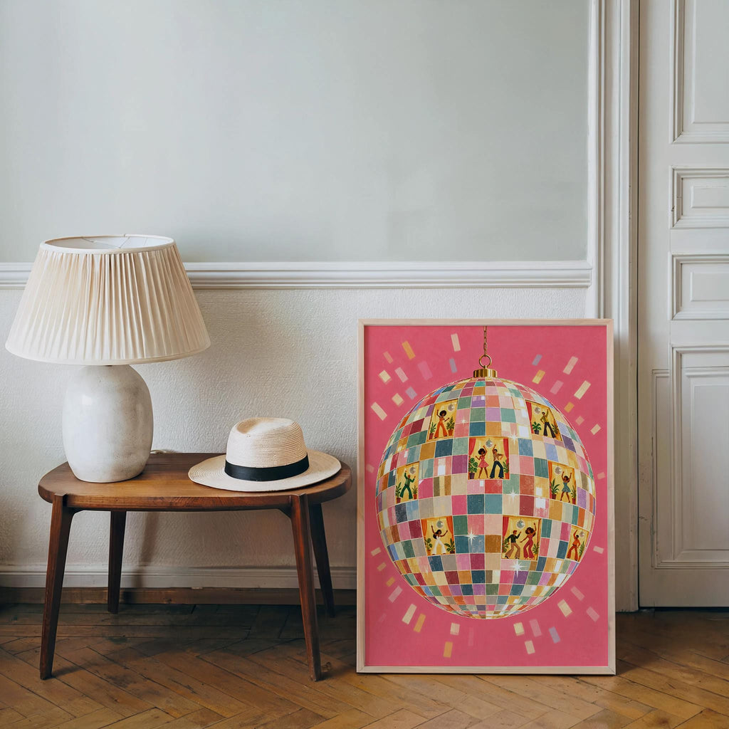 Retro Disco Ball Dancers Wall Art, 70s Dance Party Print, Funky Music Poster, Dopamine Decor, Groovy Dancing Lovers Illustration