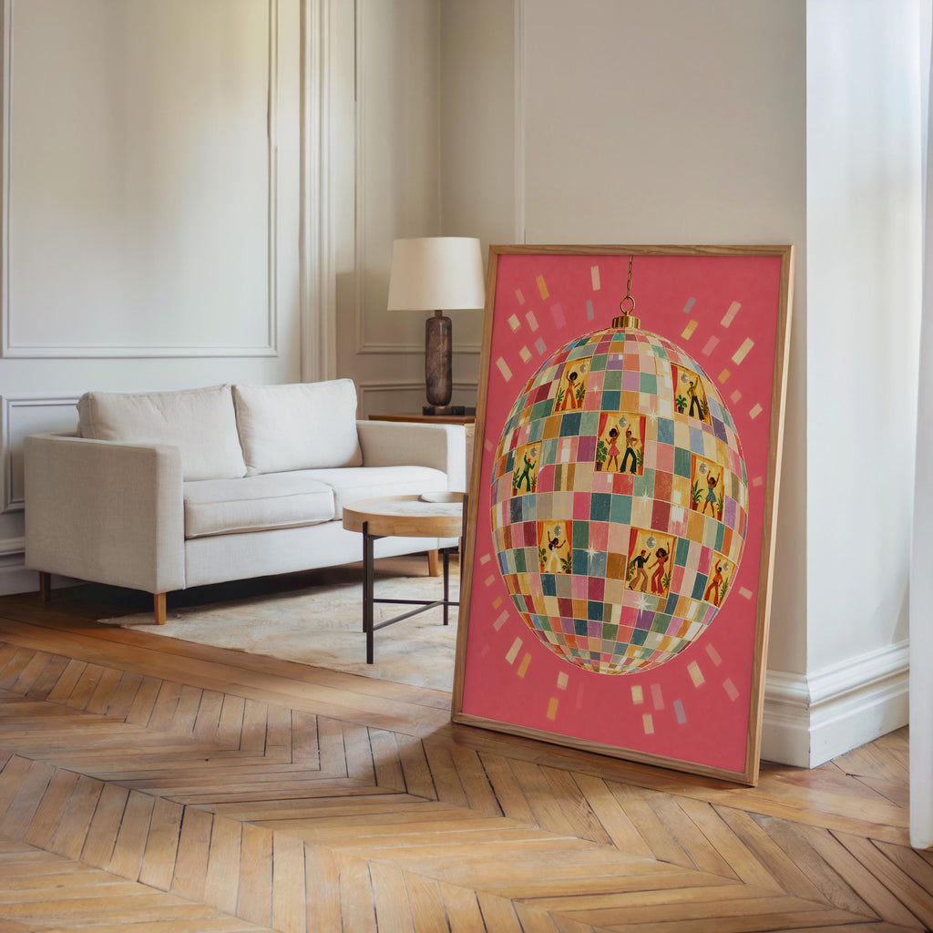 Retro Disco Ball Dancers Wall Art, 70s Dance Party Print, Funky Music Poster, Dopamine Decor, Groovy Dancing Lovers Illustration