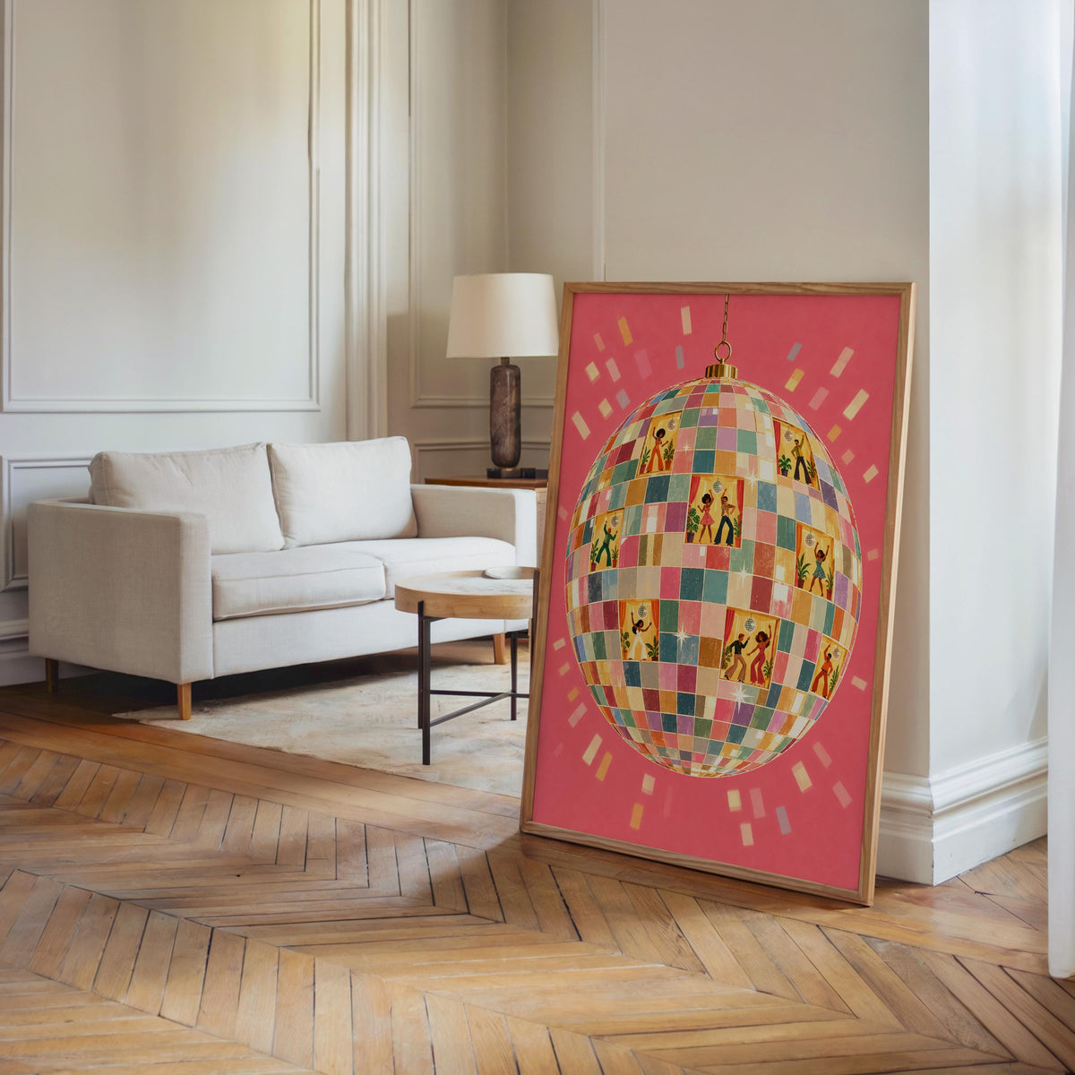 Retro Disco Ball Dancers Wall Art, 70s Dance Party Print, Funky Music Poster, Dopamine Decor, Groovy Dancing Lovers Illustration