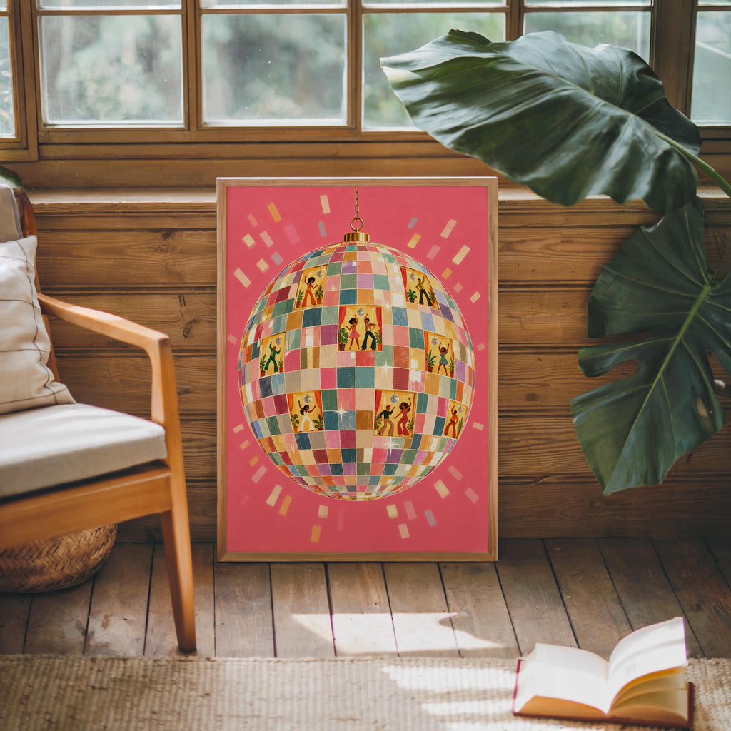 Retro Disco Ball Dancers Wall Art, 70s Dance Party Print, Funky Music Poster, Dopamine Decor, Groovy Dancing Lovers Illustration