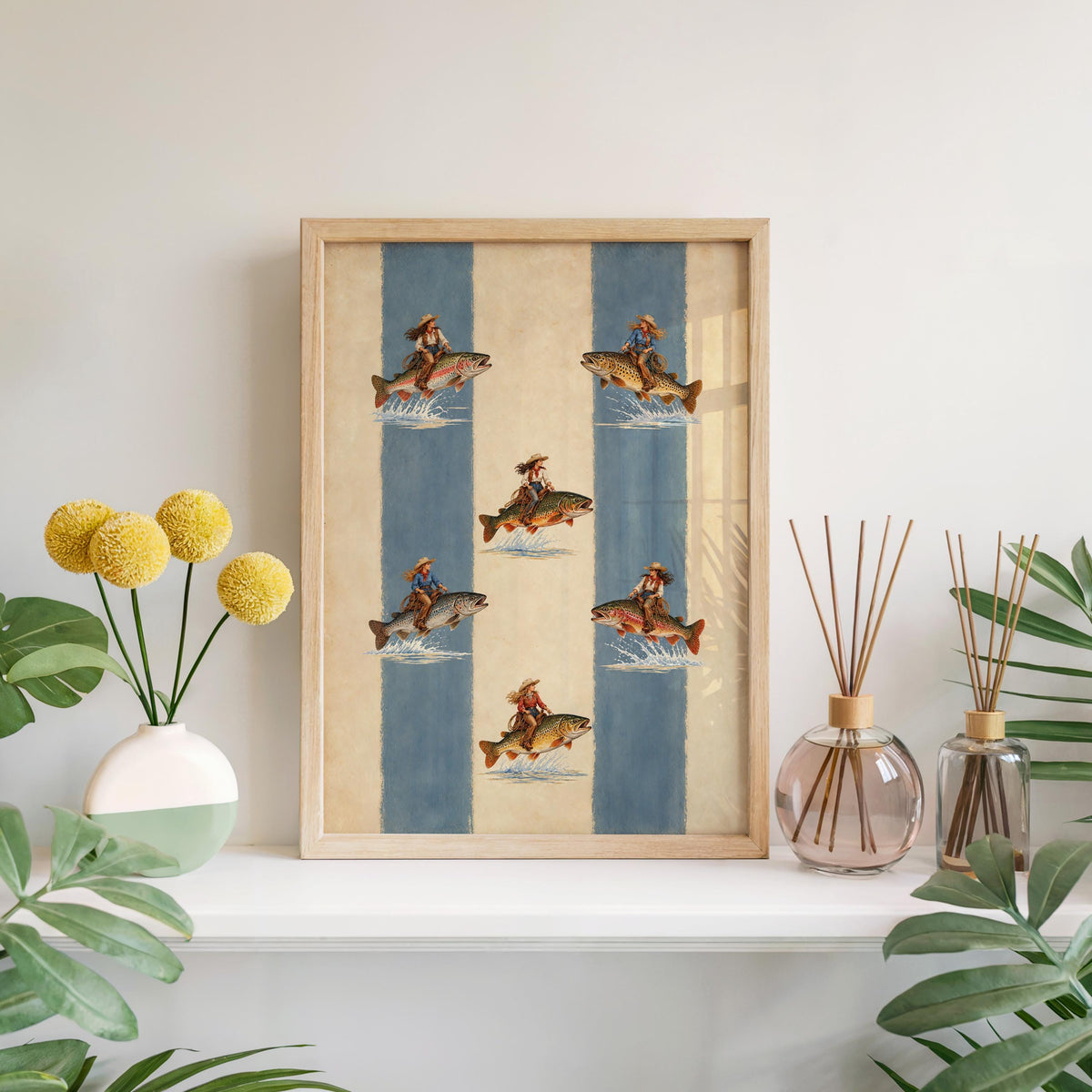 Cowgirl Trout Fish Rider Print, Western Woman Lake House Wall Art, Vintage Fishing Poster, Eclectic Ranch Cowboy Decor