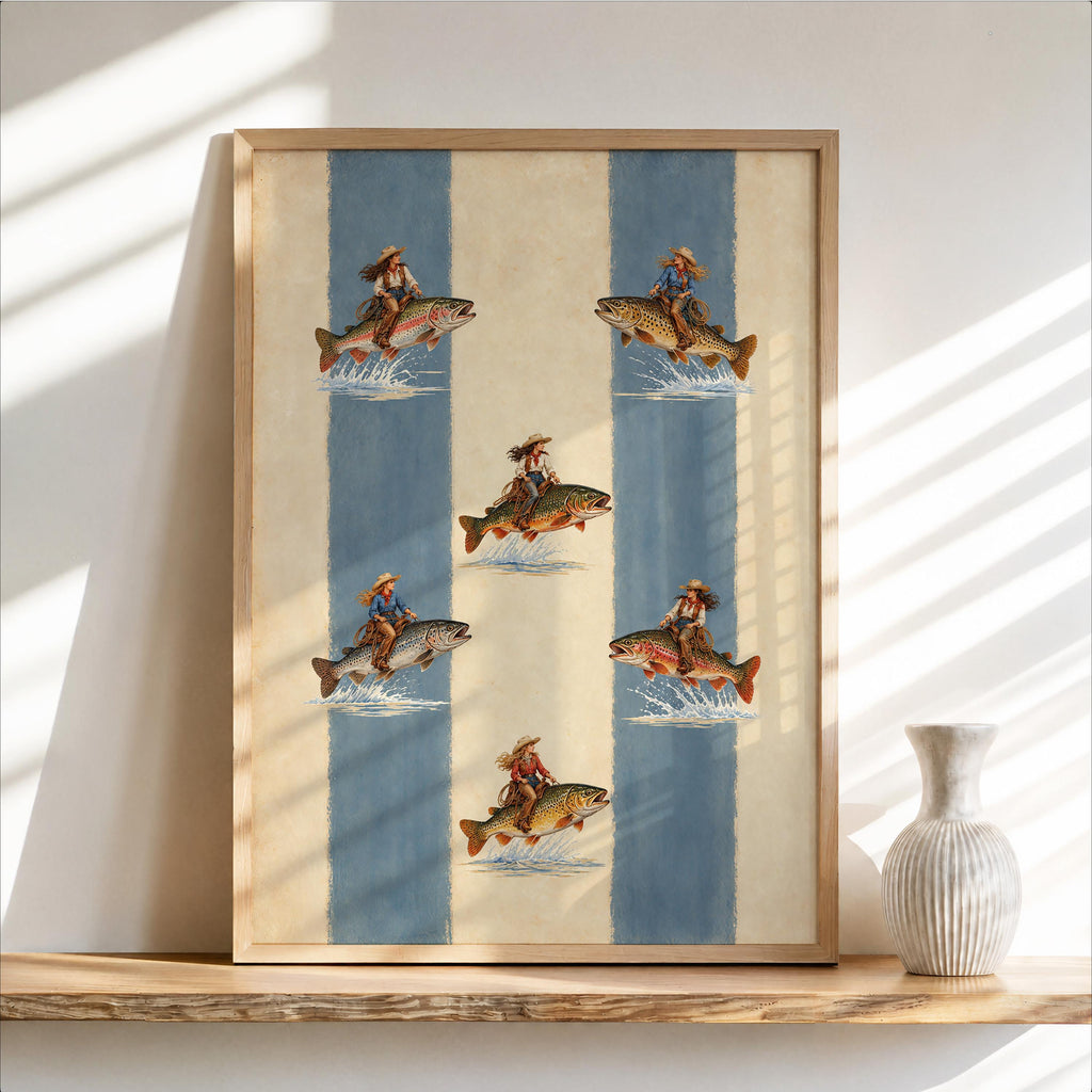 Cowgirl Trout Fish Rider Print, Western Woman Lake House Wall Art, Vintage Fishing Poster, Eclectic Ranch Cowboy Decor