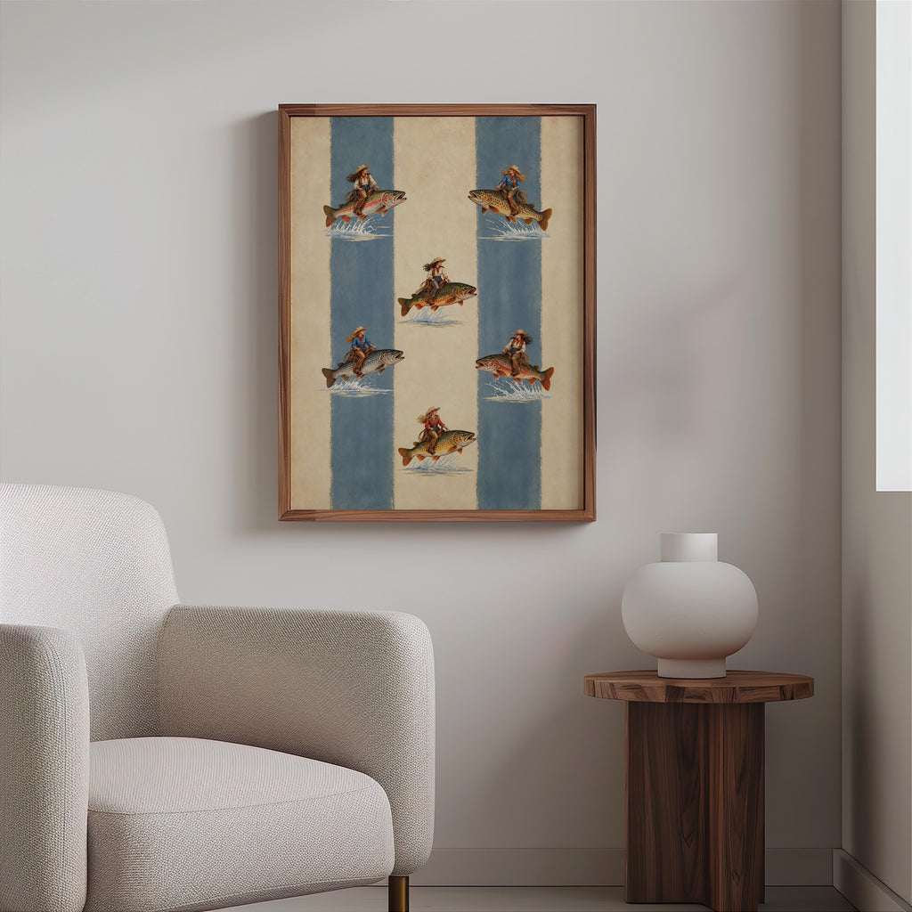 Cowgirl Trout Fish Rider Print, Western Woman Lake House Wall Art, Vintage Fishing Poster, Eclectic Ranch Cowboy Decor