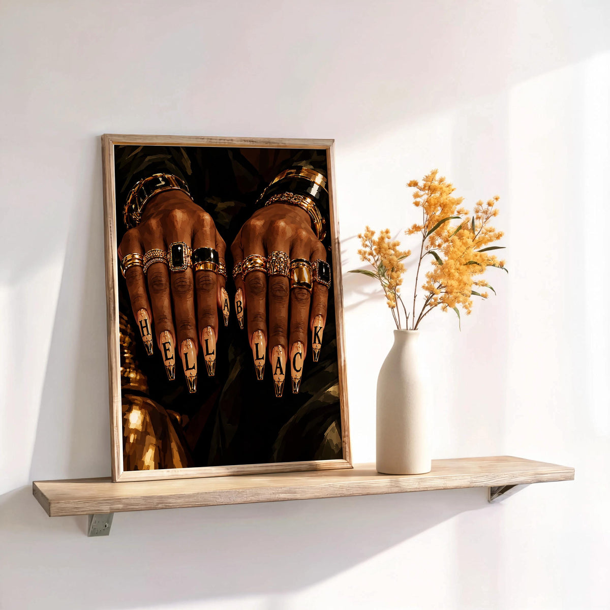 Hella Black Nail Wall Art, African American Woman Beauty Print, Luxury Gold Jewelry Poster, Nail Salon Decor, Afrocentric Fashion Painting