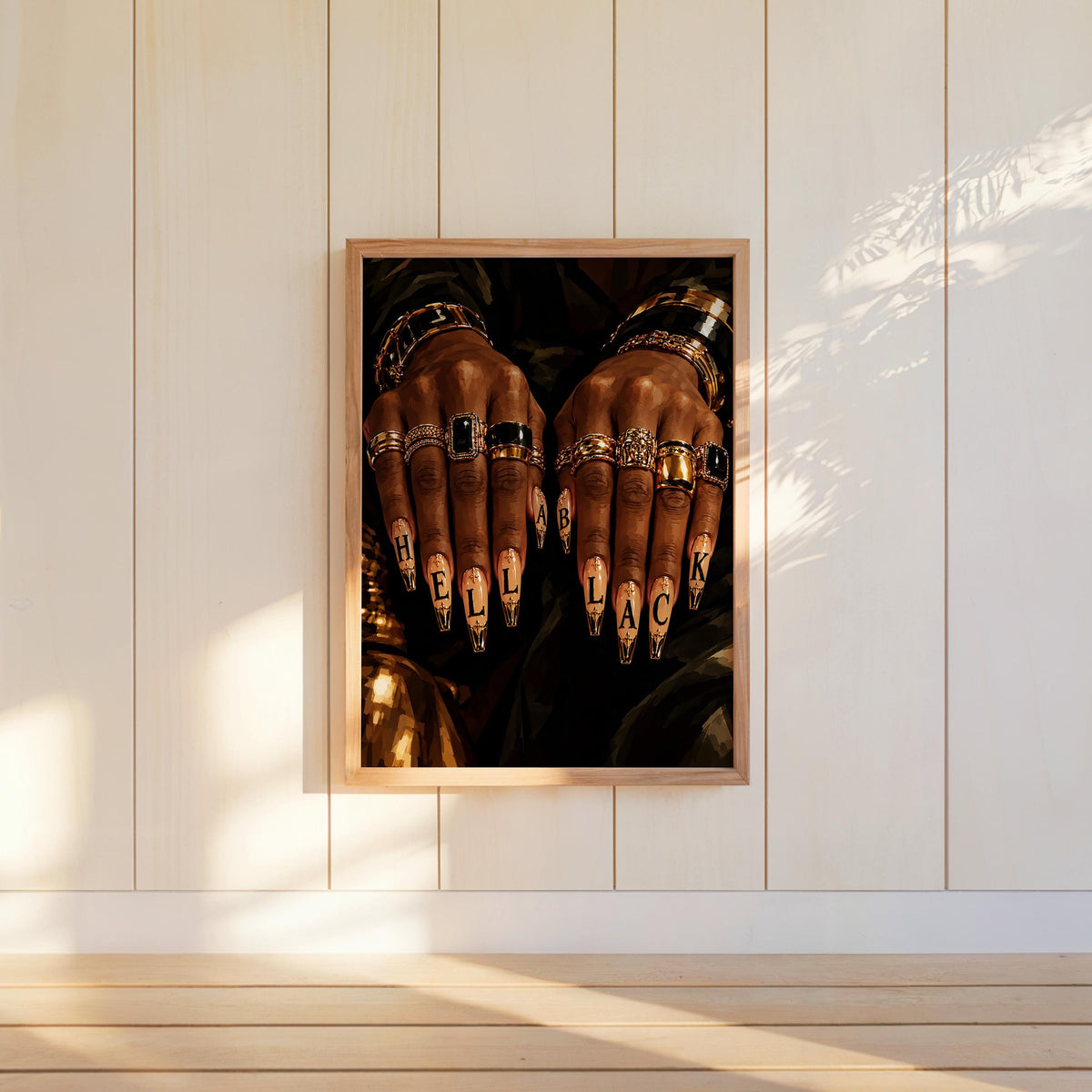 Hella Black Nail Wall Art, African American Woman Beauty Print, Luxury Gold Jewelry Poster, Nail Salon Decor, Afrocentric Fashion Painting