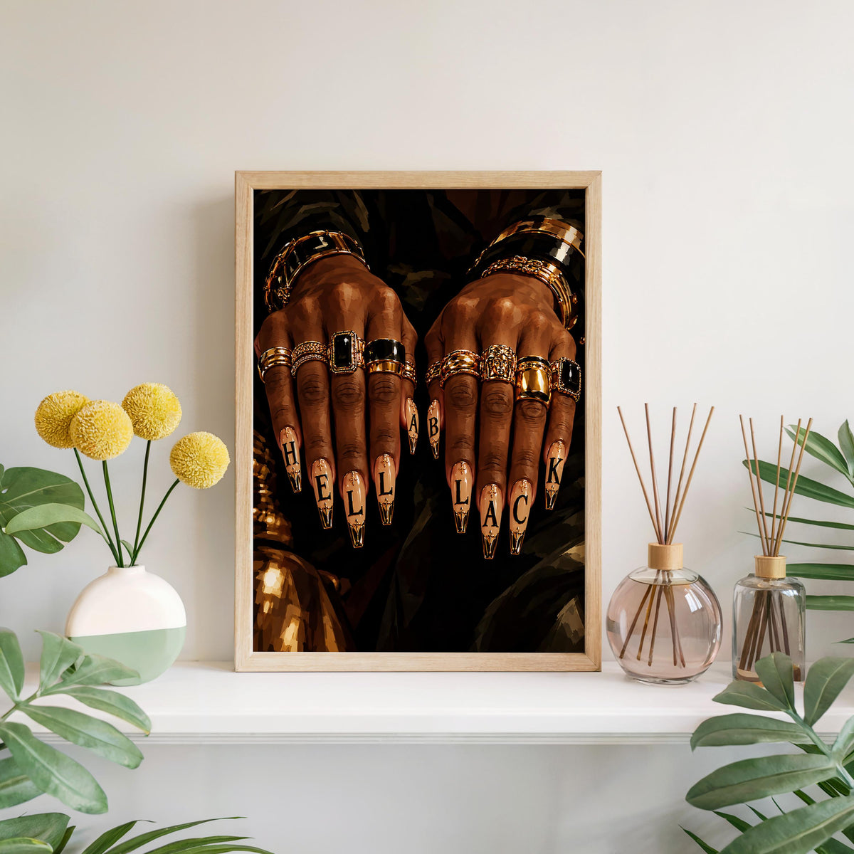 Hella Black Nail Wall Art, African American Woman Beauty Print, Luxury Gold Jewelry Poster, Nail Salon Decor, Afrocentric Fashion Painting