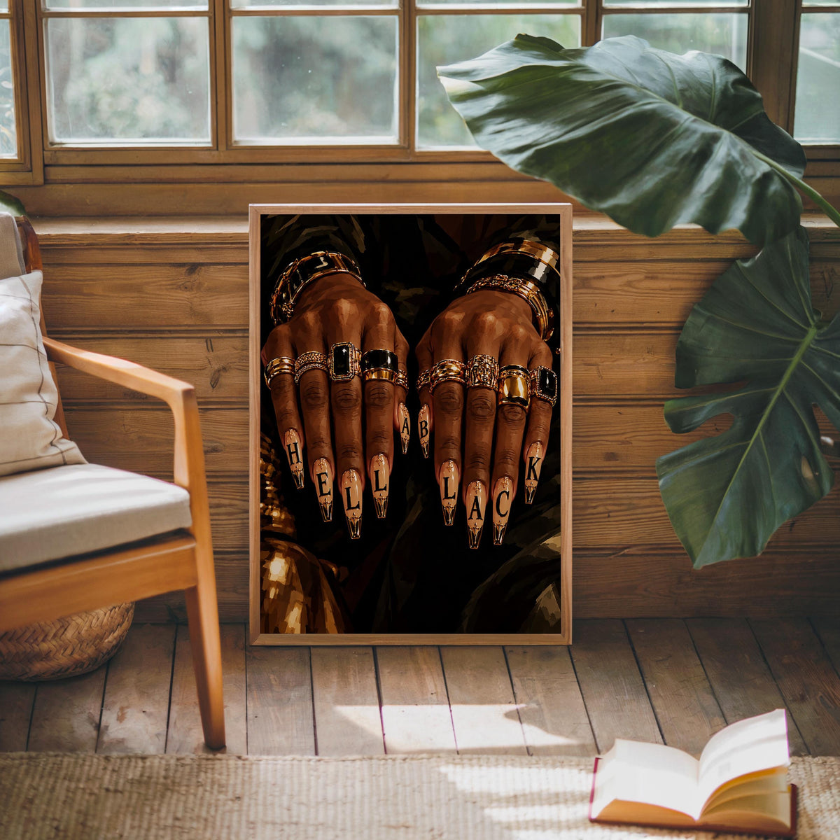 Hella Black Nail Wall Art, African American Woman Beauty Print, Luxury Gold Jewelry Poster, Nail Salon Decor, Afrocentric Fashion Painting