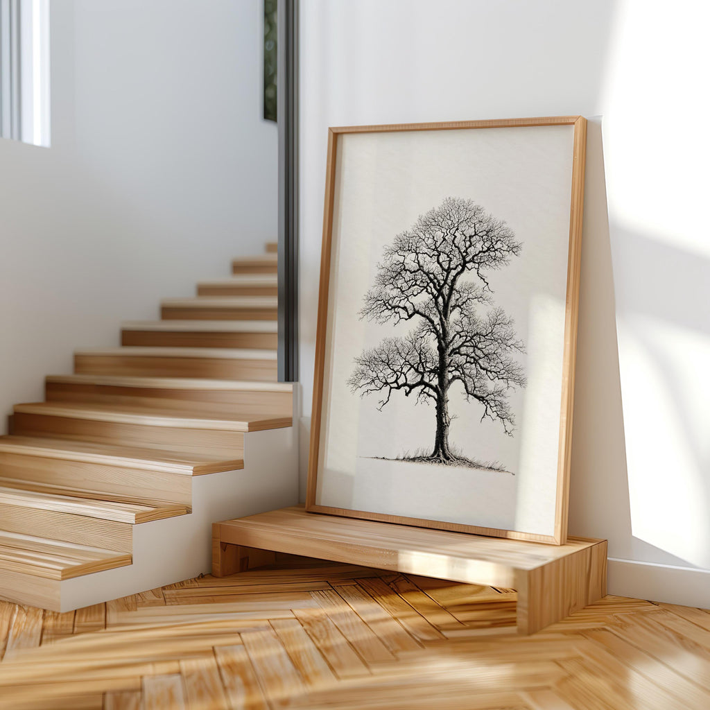 Oak Tree Wall Art, Black & White Botanical Drawing Print, Minimalist Woodland Decor, Winter Nature Sulhouette Poster, Tree Lover Gift