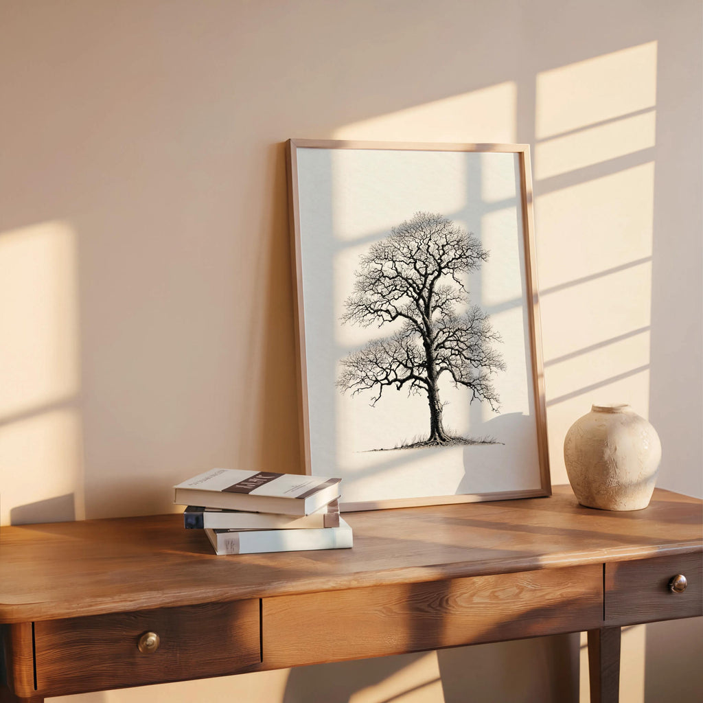 Oak Tree Wall Art, Black & White Botanical Drawing Print, Minimalist Woodland Decor, Winter Nature Sulhouette Poster, Tree Lover Gift