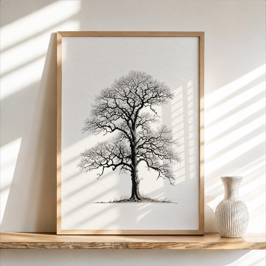 Oak Tree Wall Art, Black & White Botanical Drawing Print, Minimalist Woodland Decor, Winter Nature Sulhouette Poster, Tree Lover Gift