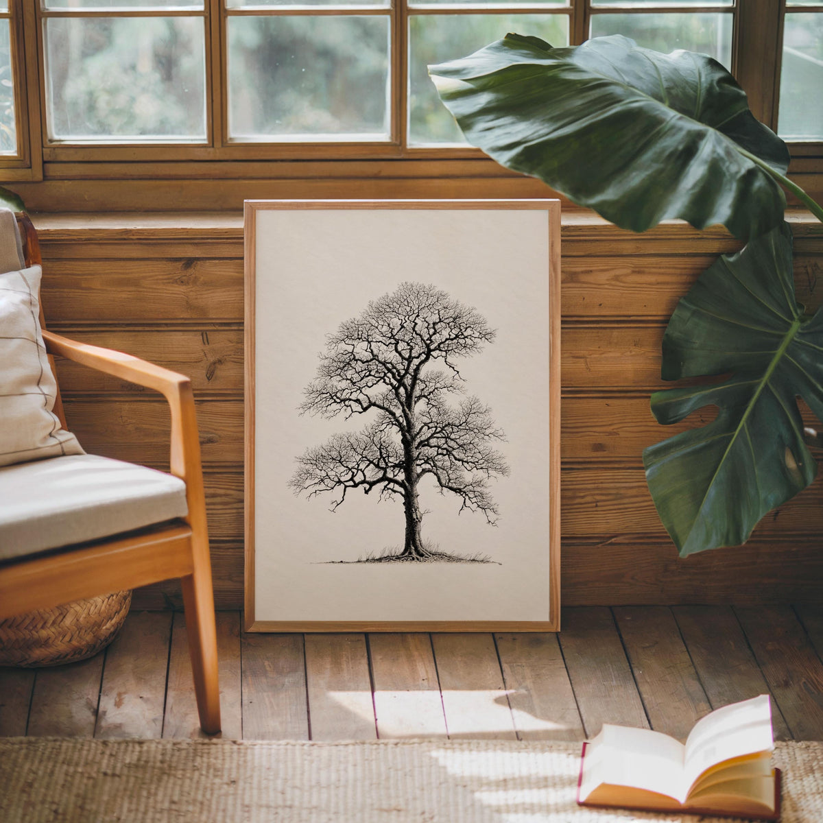 Oak Tree Wall Art, Black & White Botanical Drawing Print, Minimalist Woodland Decor, Winter Nature Sulhouette Poster, Tree Lover Gift