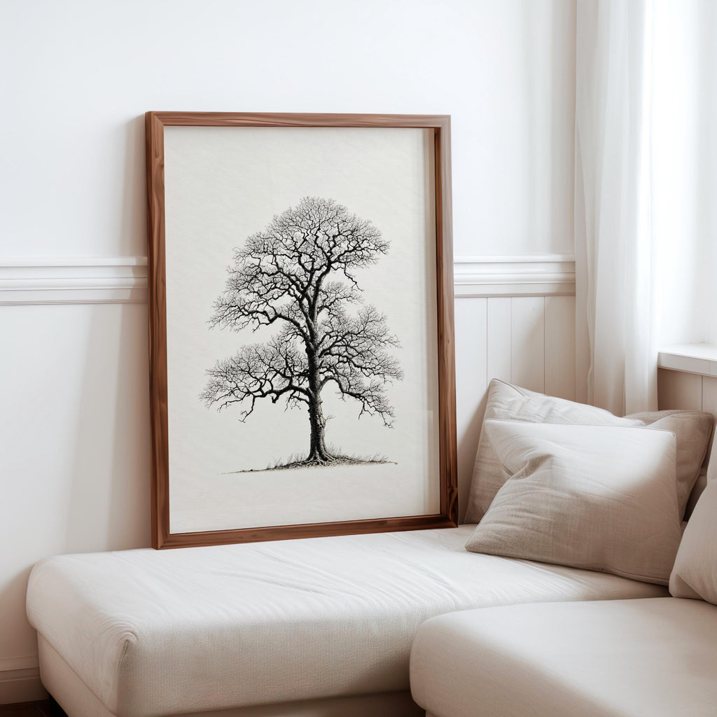 Oak Tree Wall Art, Black & White Botanical Drawing Print, Minimalist Woodland Decor, Winter Nature Sulhouette Poster, Tree Lover Gift