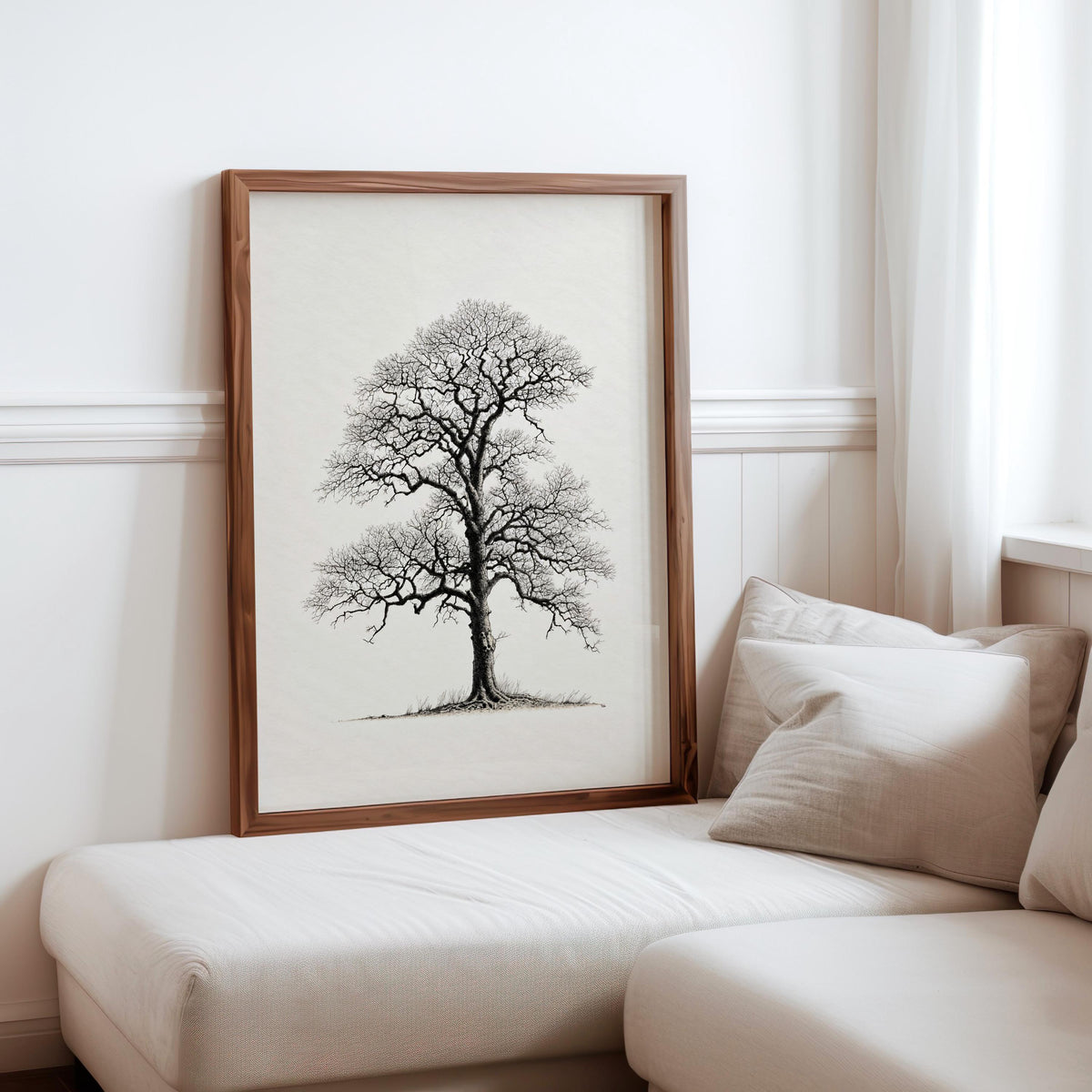 Oak Tree Wall Art, Black & White Botanical Drawing Print, Minimalist Woodland Decor, Winter Nature Sulhouette Poster, Tree Lover Gift