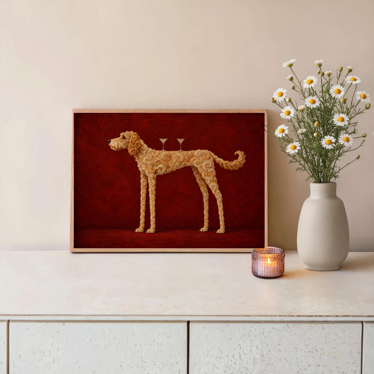 Goldendoodle Martini Wall Art, Funny Cocktail Dog Print, Red Bar Cart Poster, Whimsical Dog Lover Decor