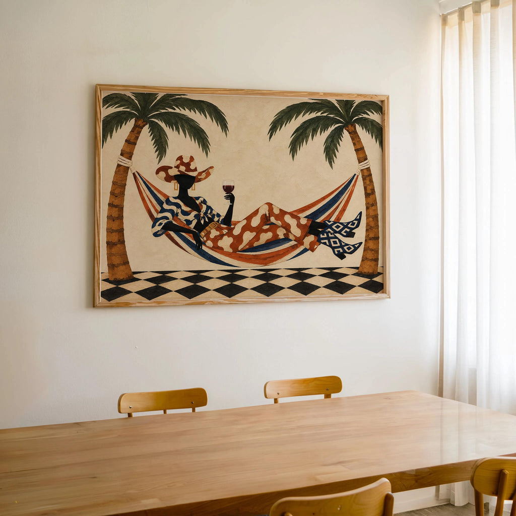 Tropical Cowgirl Poster, Woman in Hammock with Wine, Palm Tree Western Wall Art, Retro Summer Print, Eclectic Lounge Decor, Vacation Vibes