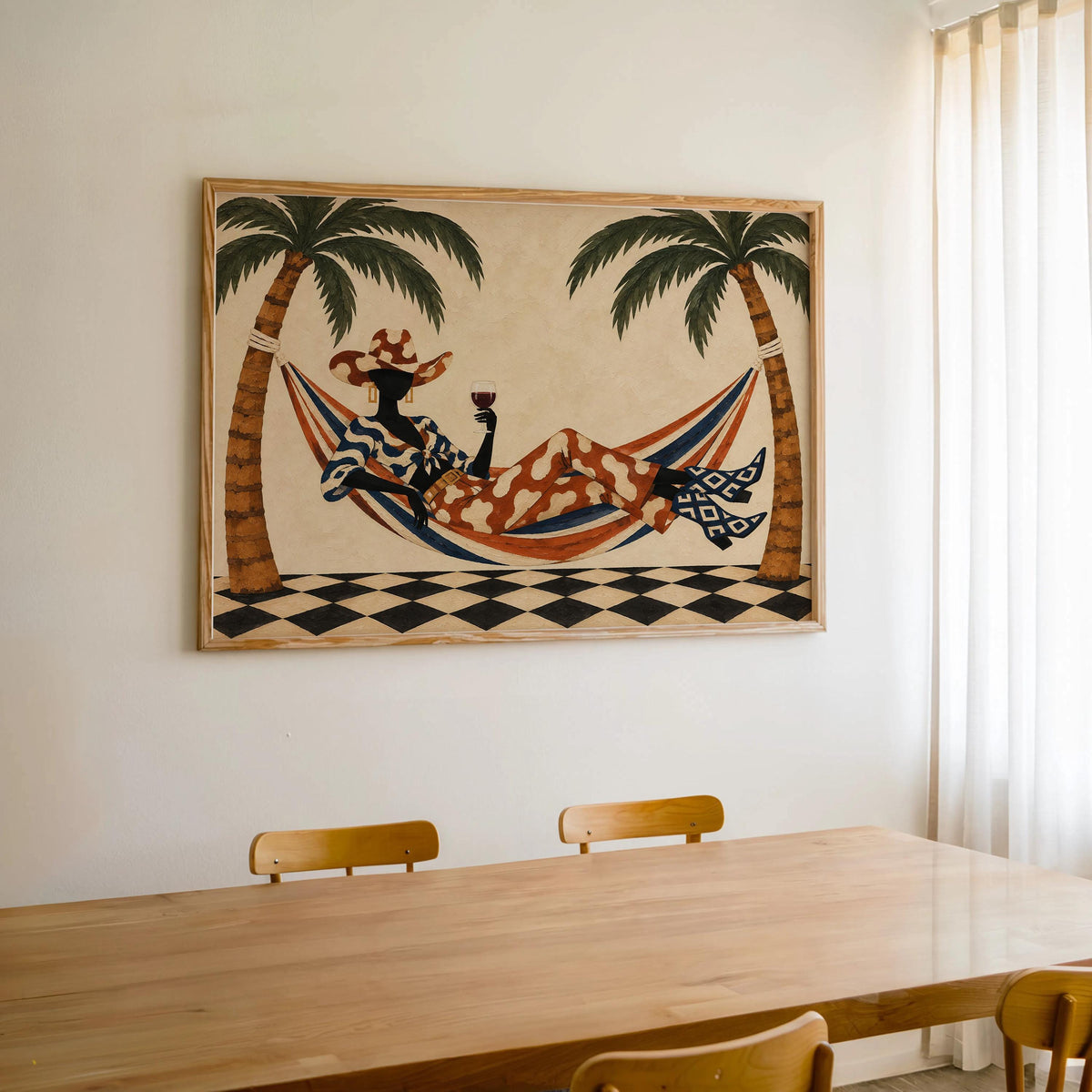 Tropical Cowgirl Poster, Woman in Hammock with Wine, Palm Tree Western Wall Art, Retro Summer Print, Eclectic Lounge Decor, Vacation Vibes