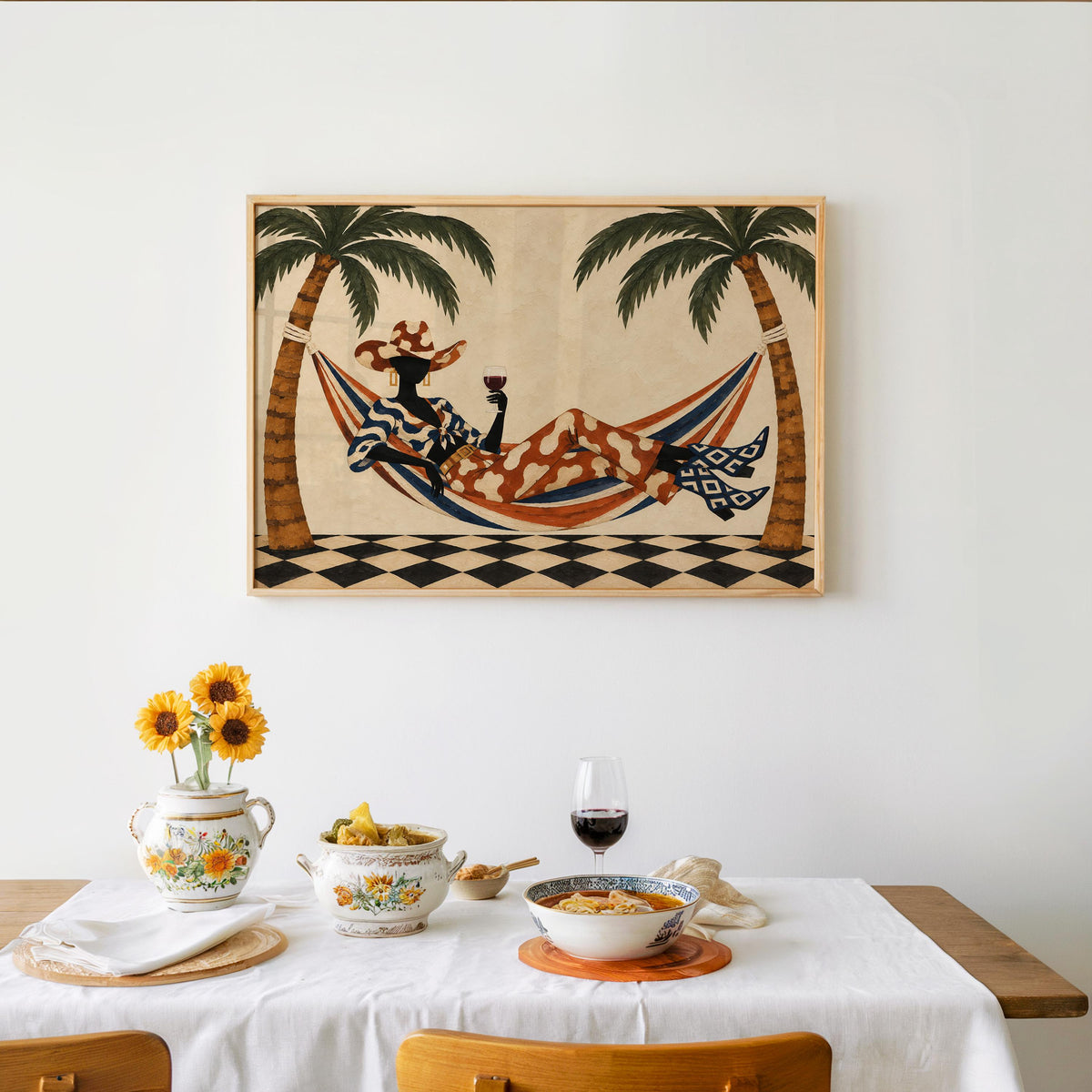 Tropical Cowgirl Poster, Woman in Hammock with Wine, Palm Tree Western Wall Art, Retro Summer Print, Eclectic Lounge Decor, Vacation Vibes