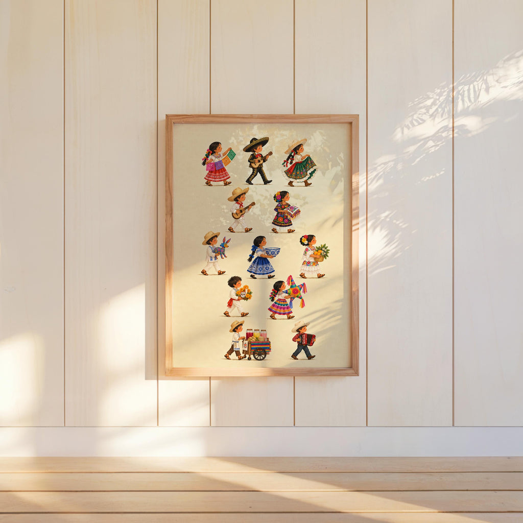 Mexican Heritage Kids Parade Wall Art, Traditional Mexico Children Poster, Folk Culture Print, Colorful Fiesta Latino Decor