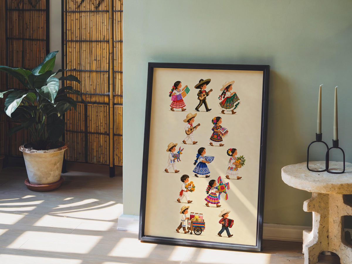 Mexican Heritage Kids Parade Wall Art, Traditional Mexico Children Poster, Folk Culture Print, Colorful Fiesta Latino Decor