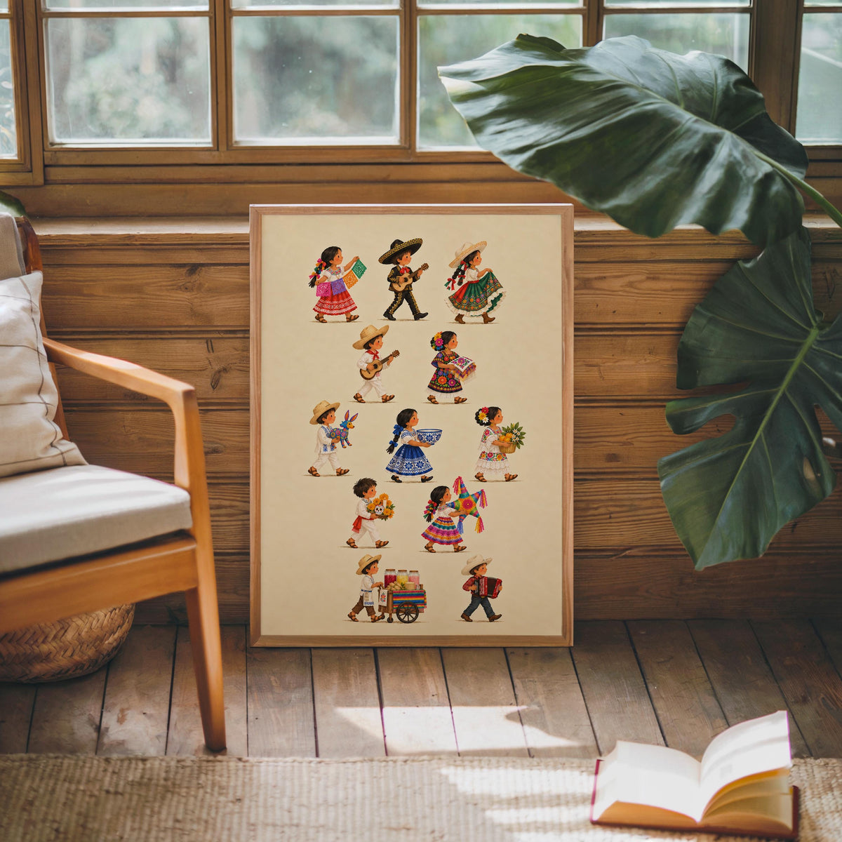 Mexican Heritage Kids Parade Wall Art, Traditional Mexico Children Poster, Folk Culture Print, Colorful Fiesta Latino Decor