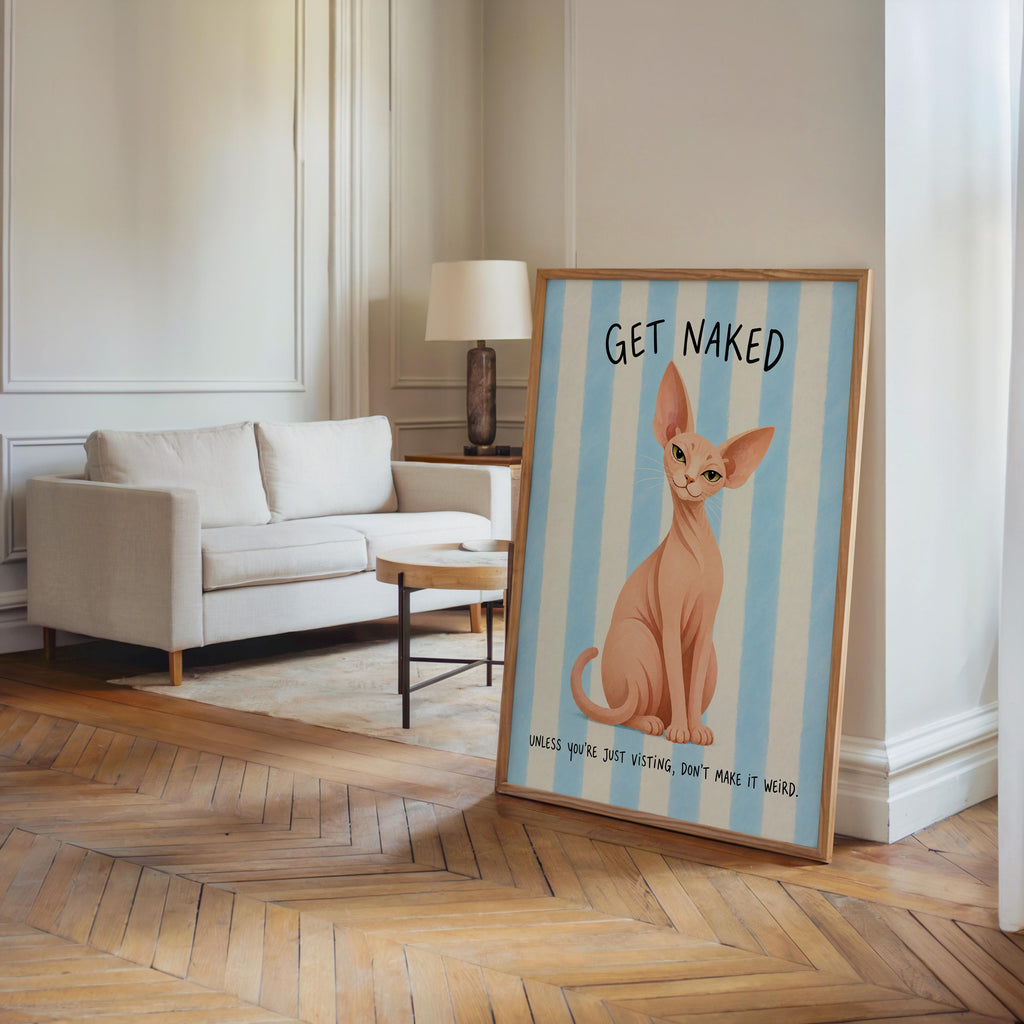 Get Naked Sphynx Cat Bathroom Wall Art, Funny Hairless Cats Poster, Guest Bathroom Quote Print, Blue Striped Powder Room Decor