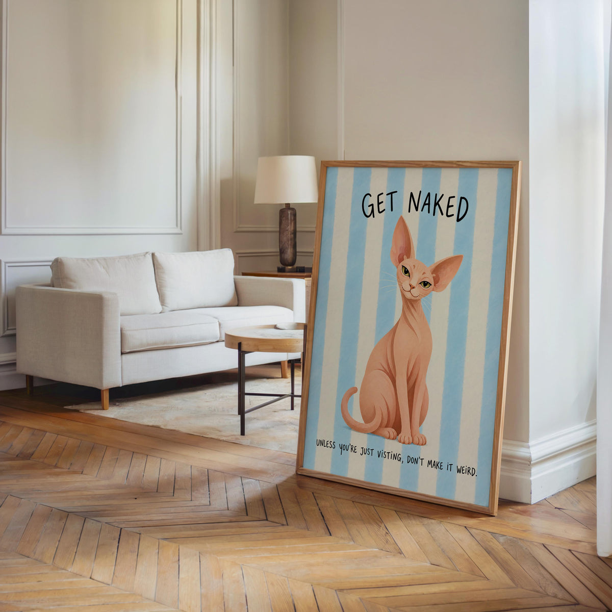 Get Naked Sphynx Cat Bathroom Wall Art, Funny Hairless Cats Poster, Guest Bathroom Quote Print, Blue Striped Powder Room Decor