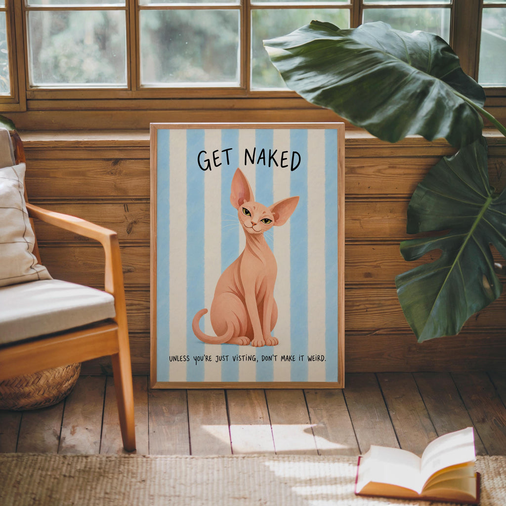 Get Naked Sphynx Cat Bathroom Wall Art, Funny Hairless Cats Poster, Guest Bathroom Quote Print, Blue Striped Powder Room Decor