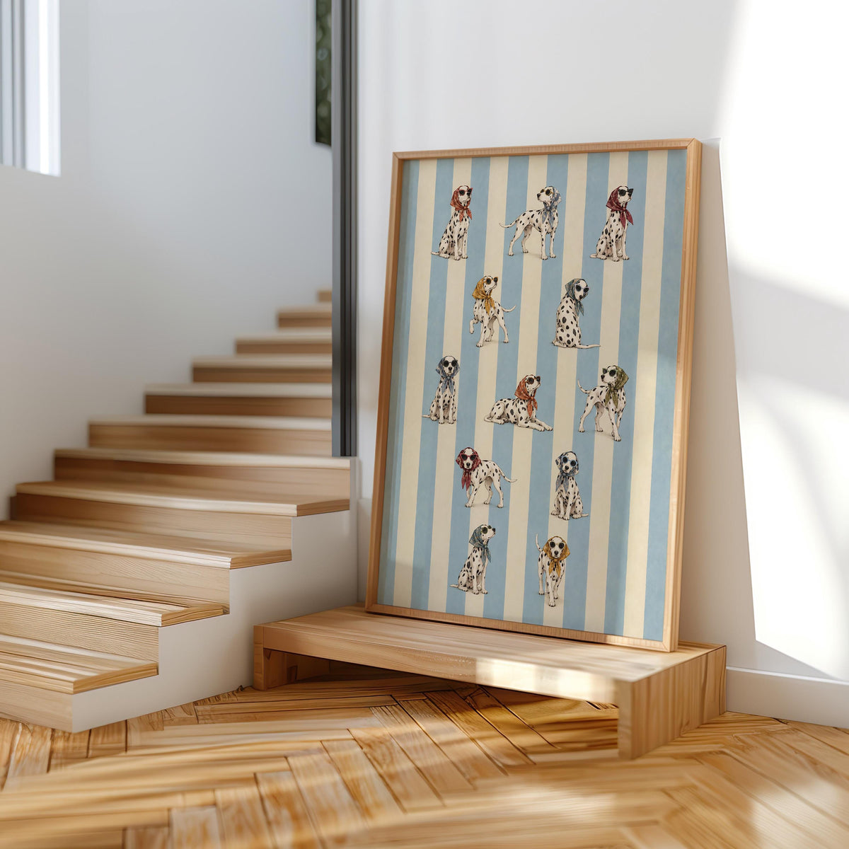 Dalmatian Dog Fashion Wall Art, Funny Dog Poster with Headscarf & Sunglasses, Blue Striped Pet Print, Quirky Chic Dog Lover Decor