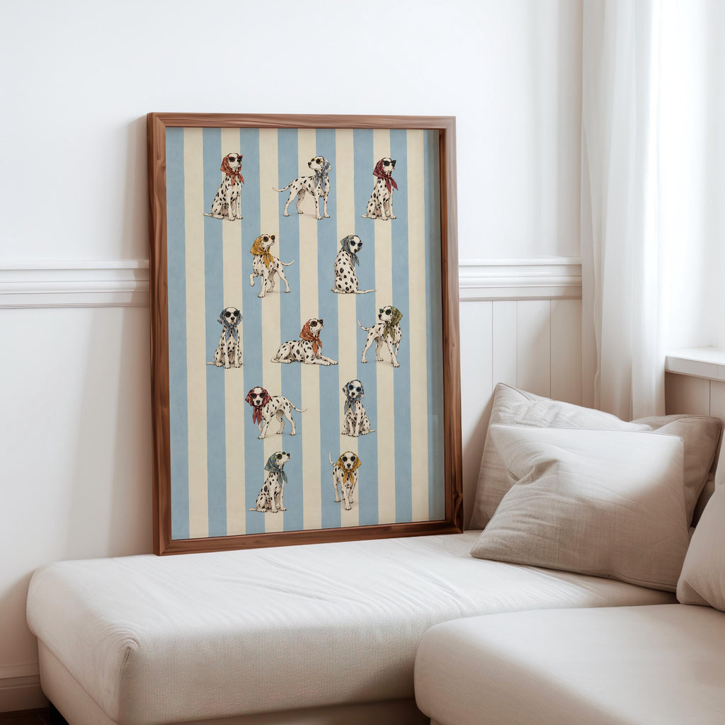Dalmatian Dog Fashion Wall Art, Funny Dog Poster with Headscarf & Sunglasses, Blue Striped Pet Print, Quirky Chic Dog Lover Decor