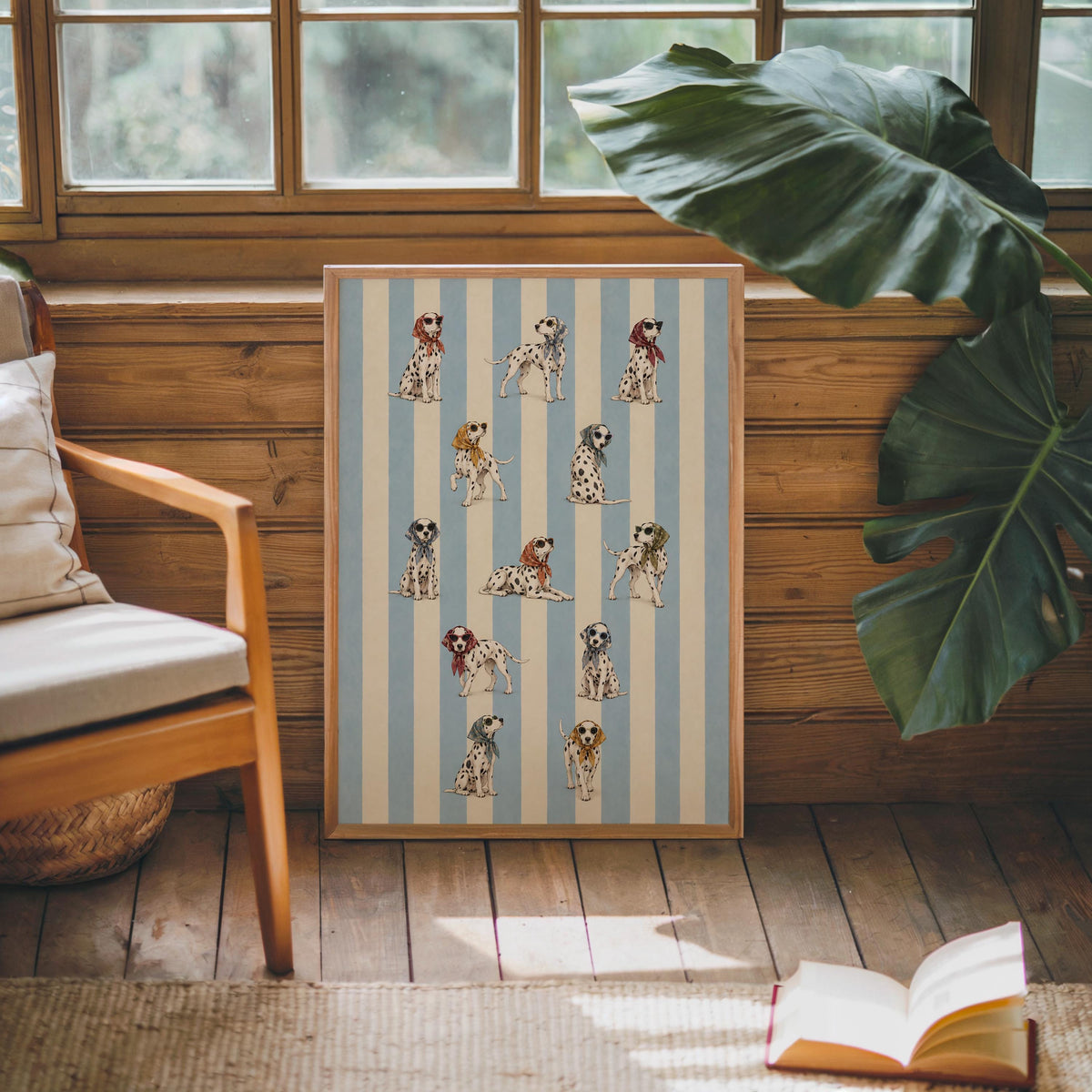 Dalmatian Dog Fashion Wall Art, Funny Dog Poster with Headscarf & Sunglasses, Blue Striped Pet Print, Quirky Chic Dog Lover Decor