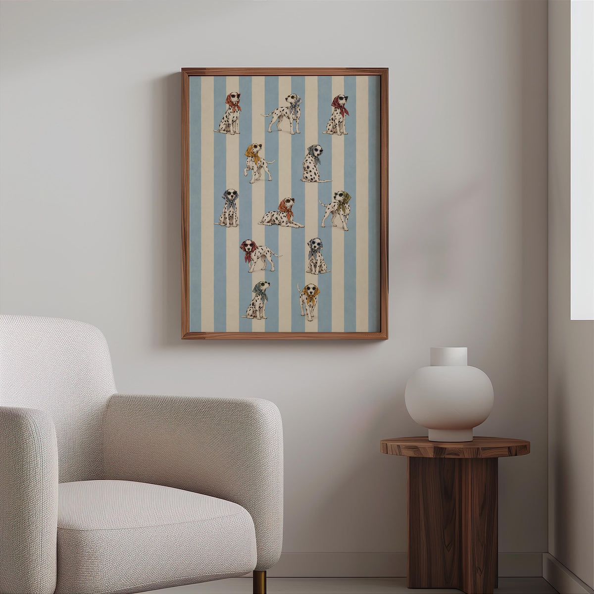 Dalmatian Dog Fashion Wall Art, Funny Dog Poster with Headscarf & Sunglasses, Blue Striped Pet Print, Quirky Chic Dog Lover Decor