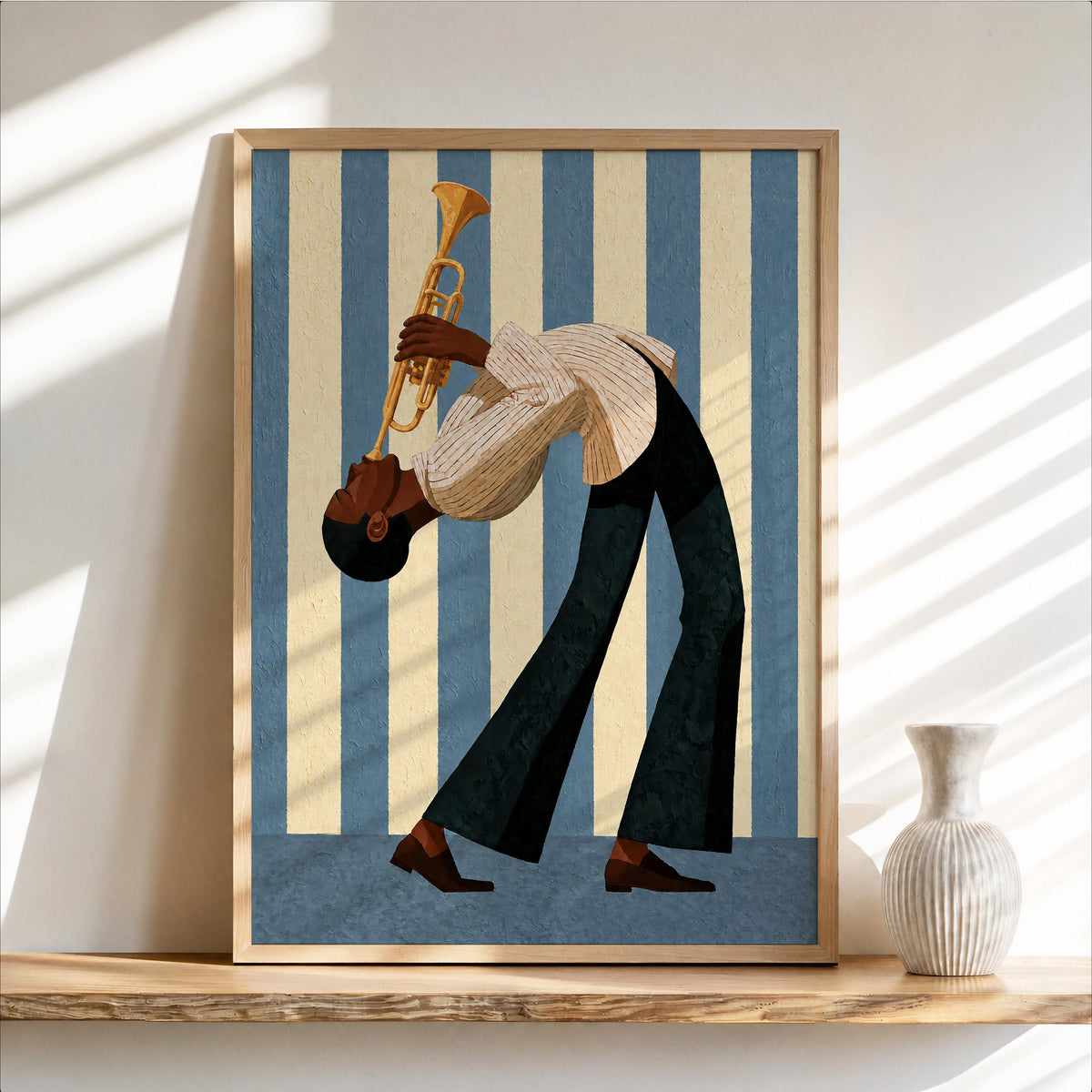 Jazz Trumpet Player Wall Art, Abstract Musician Print, Colorful Striped Mid Century Jazz Poster, Music Room Decor, Unique Jazz Lover Gift